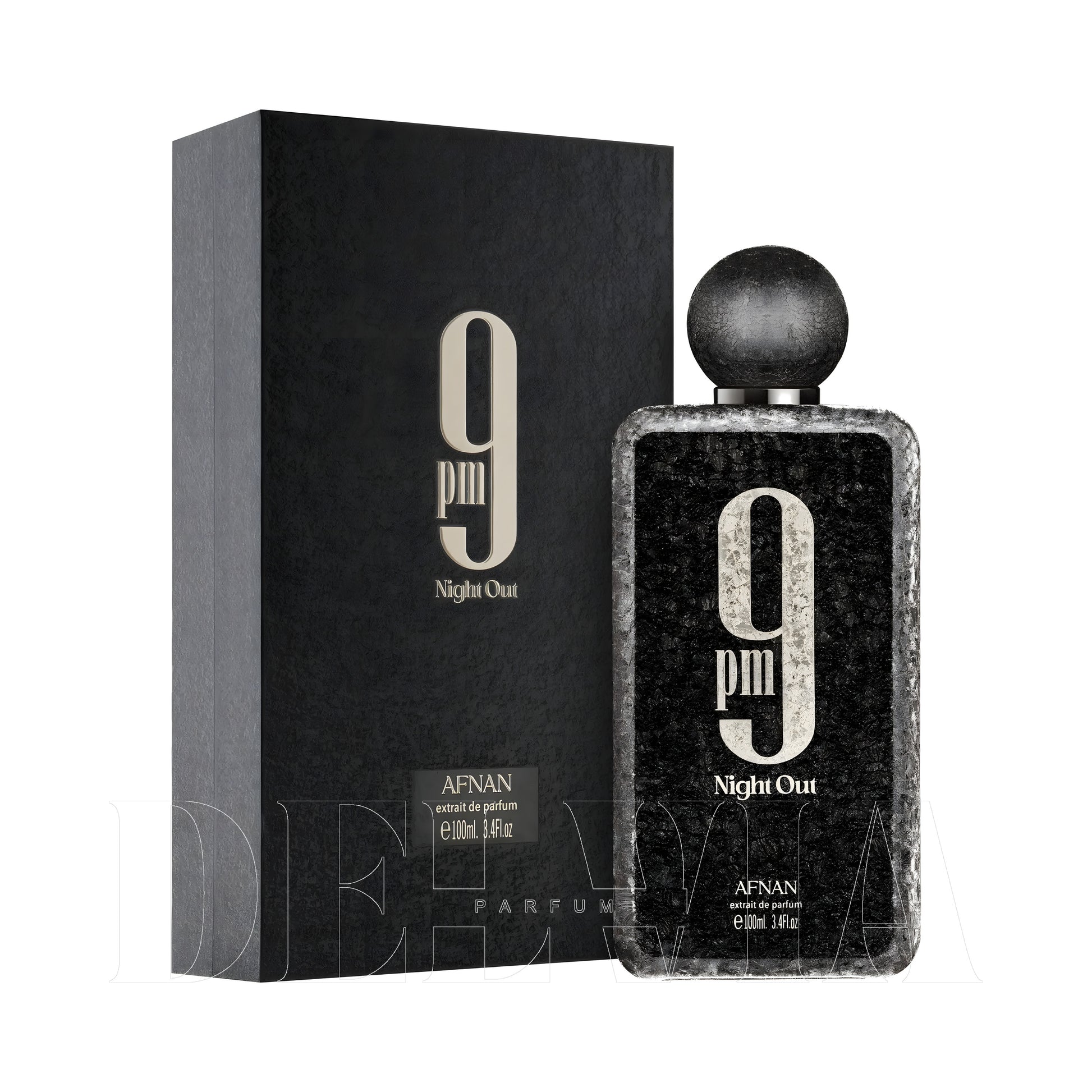 Afnan 9 Pm Night Out Extrait De Parfum 20 ml dekant parfüm — kutu ve şişe görseli