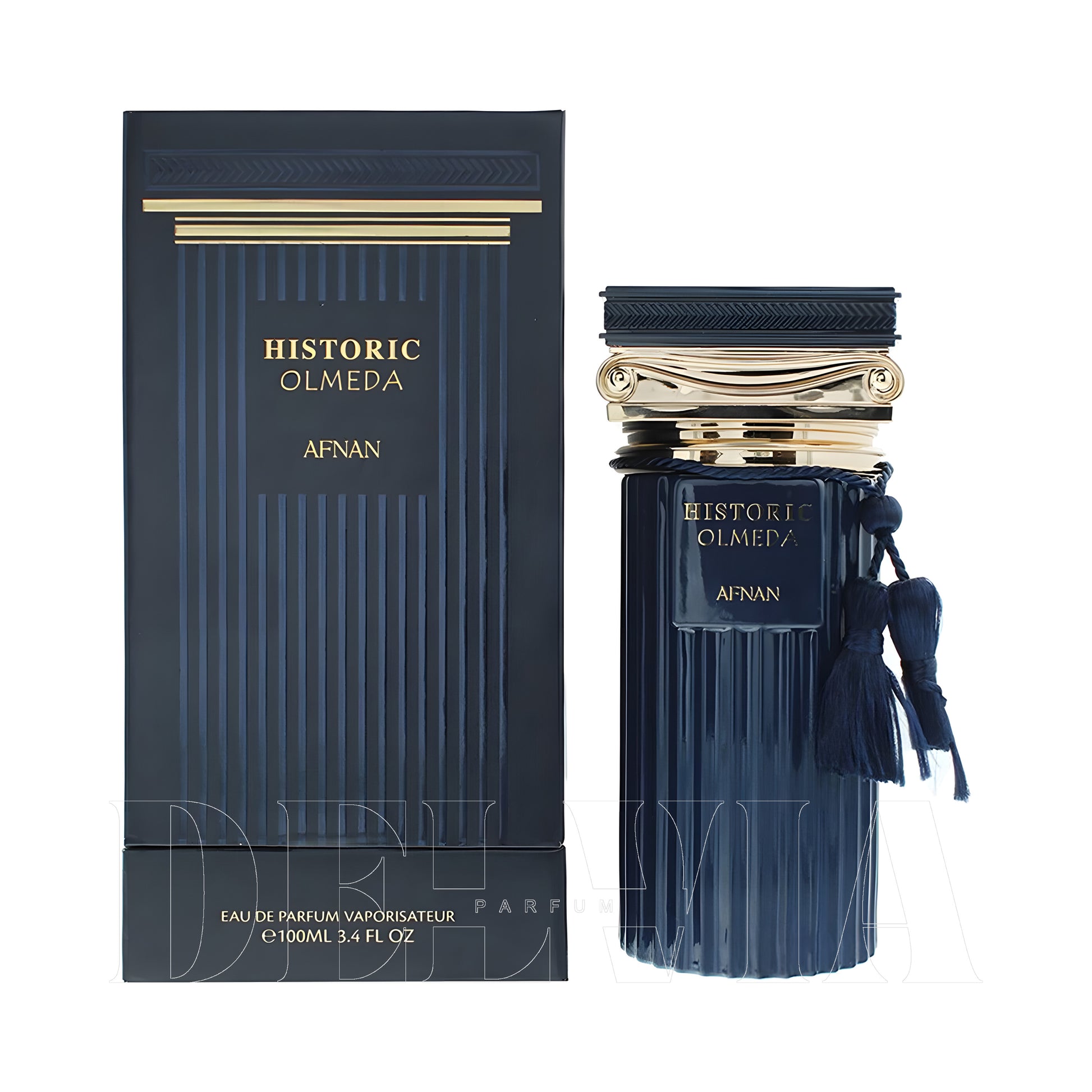 Afnan Historic Olmeda 20 ml dekant parfüm — kutu ve şişe görseli