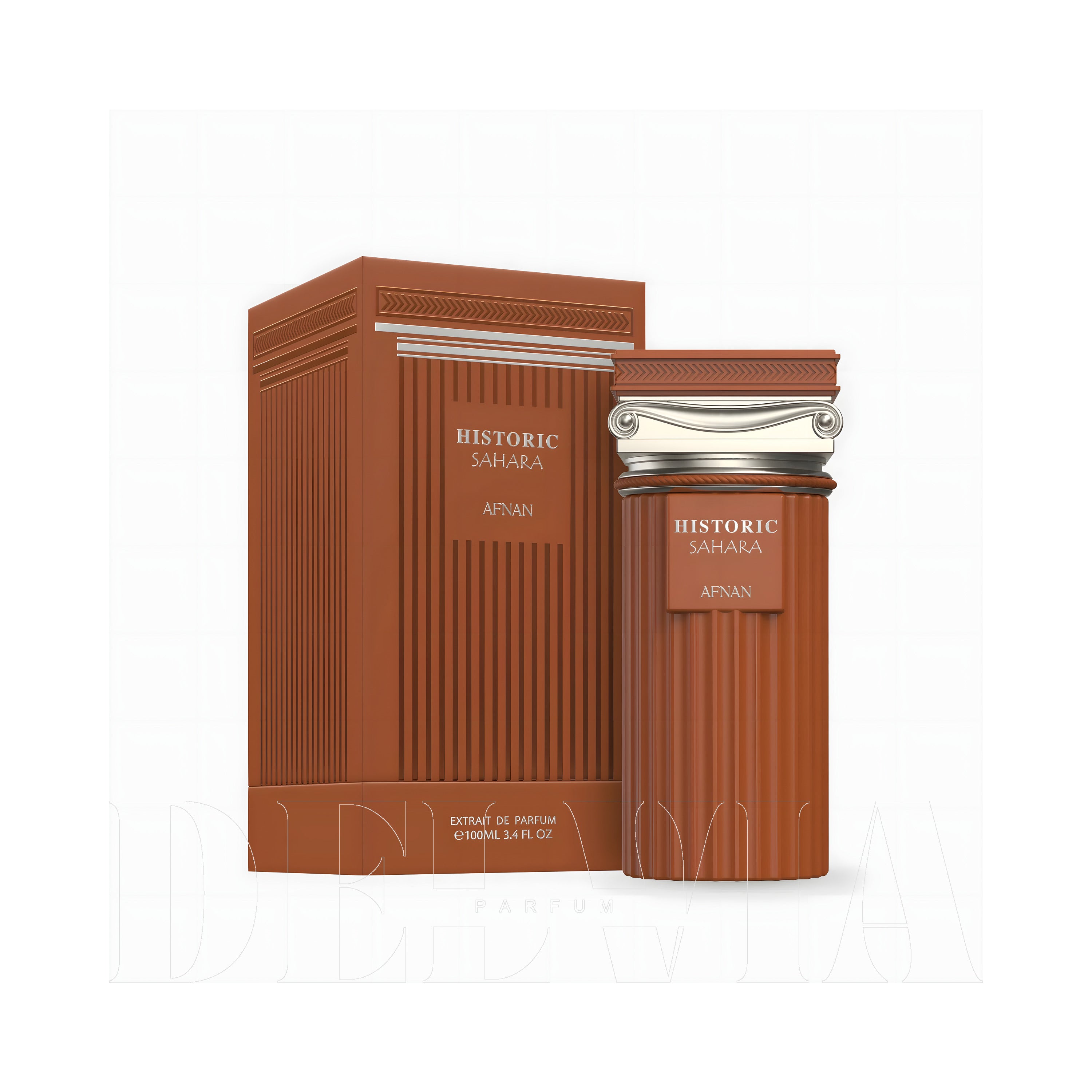 Afnan Historic Sahara Extrait De Parfum 2 ml dekant parfüm — kutu ve şişe görseli
