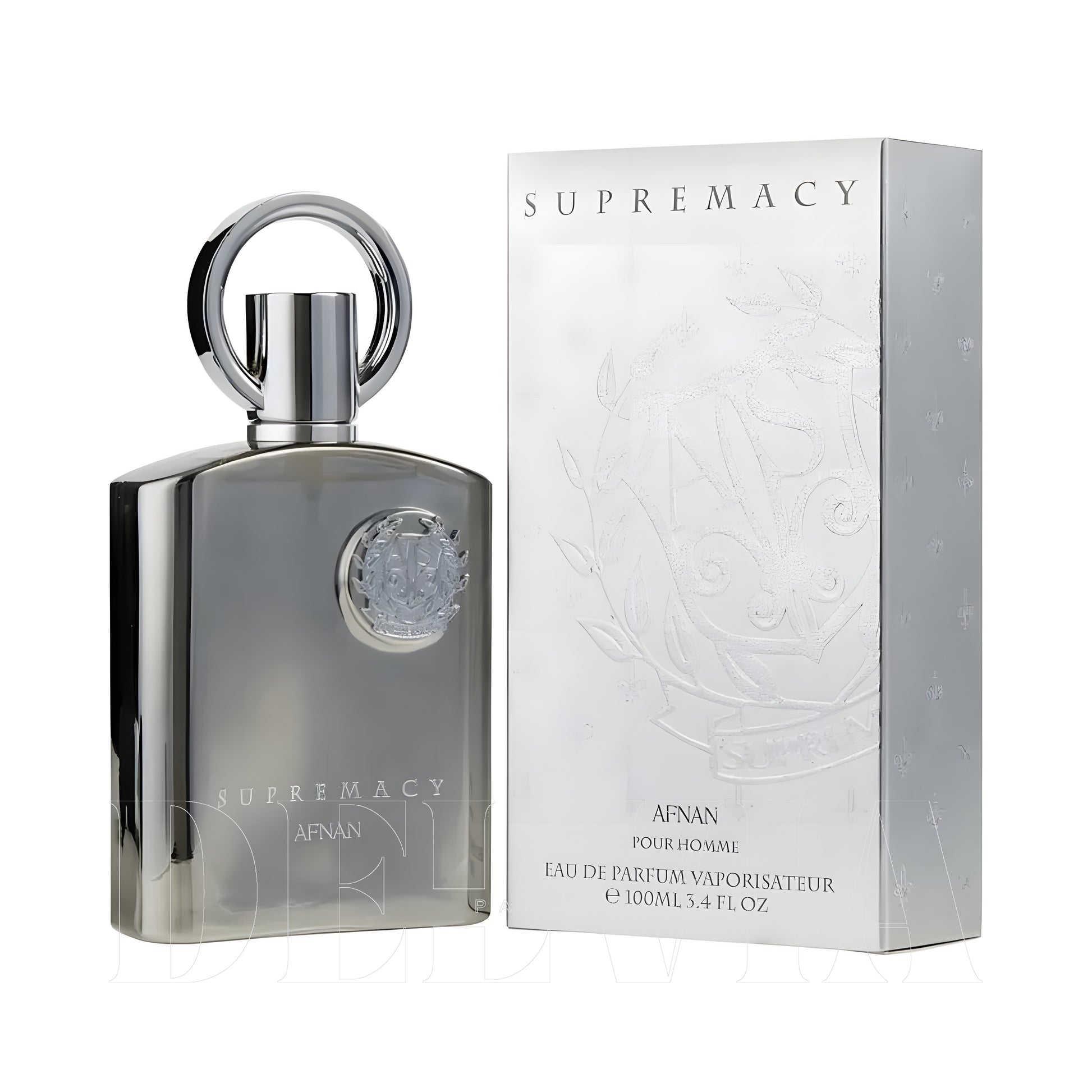 Afnan Supremacy Silver 20 ml dekant parfüm — kutu ve şişe görseli