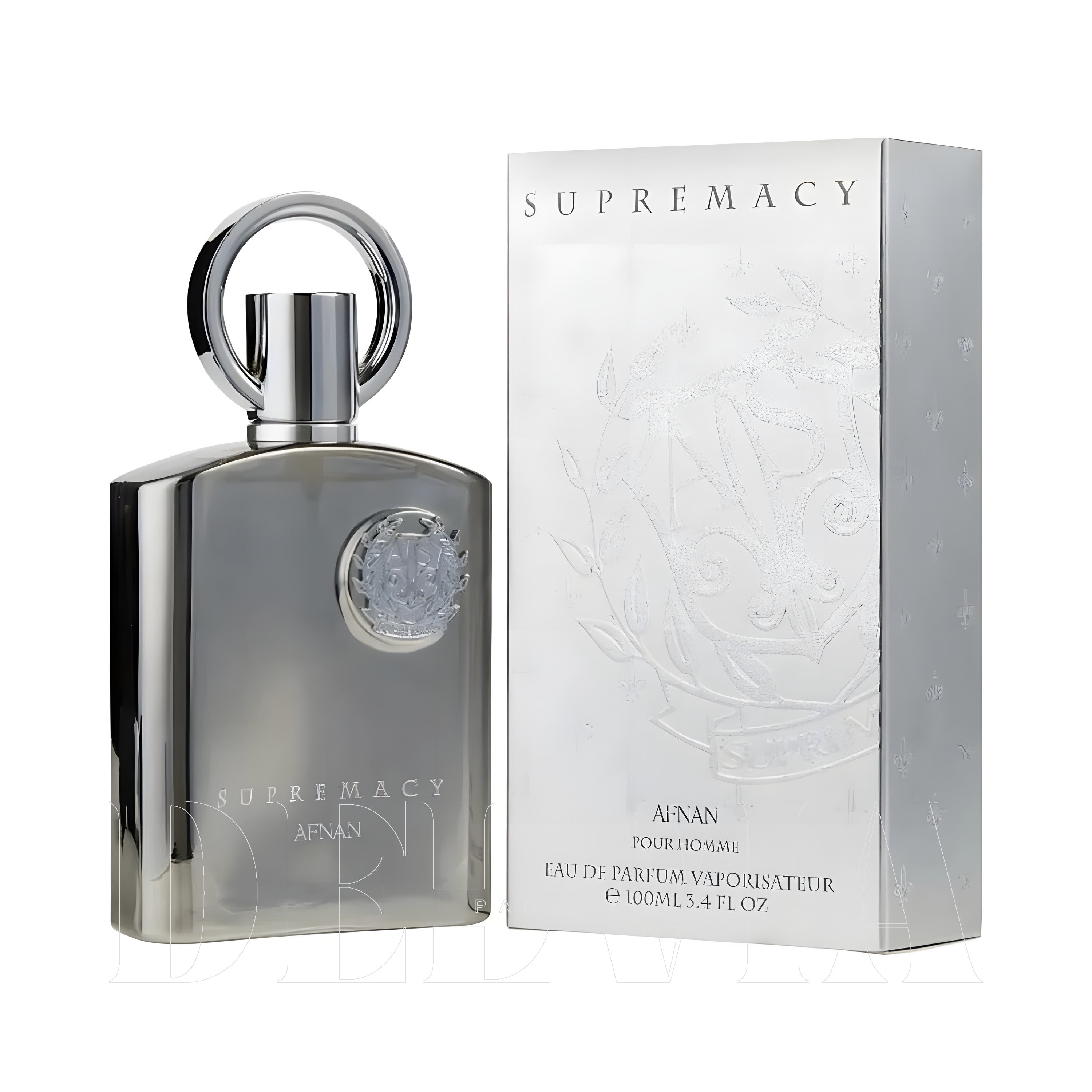 Afnan Supremacy Silver 8 ml dekant parfüm — kutu ve şişe görseli