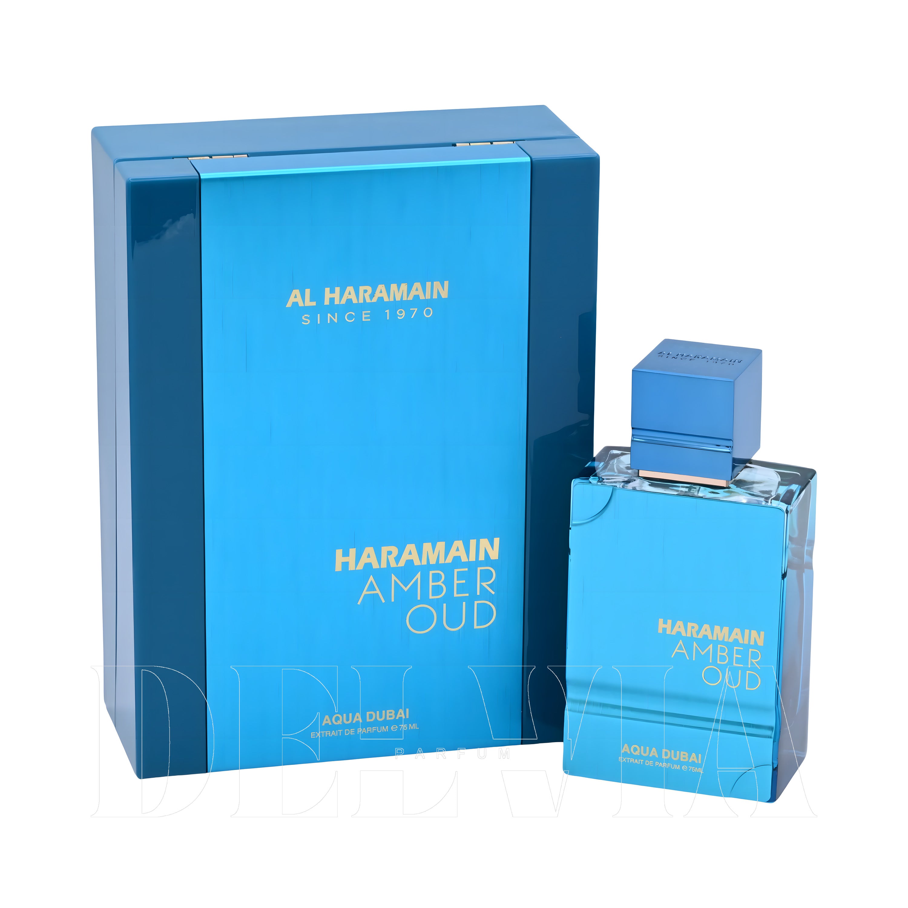 Al Haramain Amber Oud Aqua Dubai 1 ml dekant parfüm — kutu ve şişe görseli