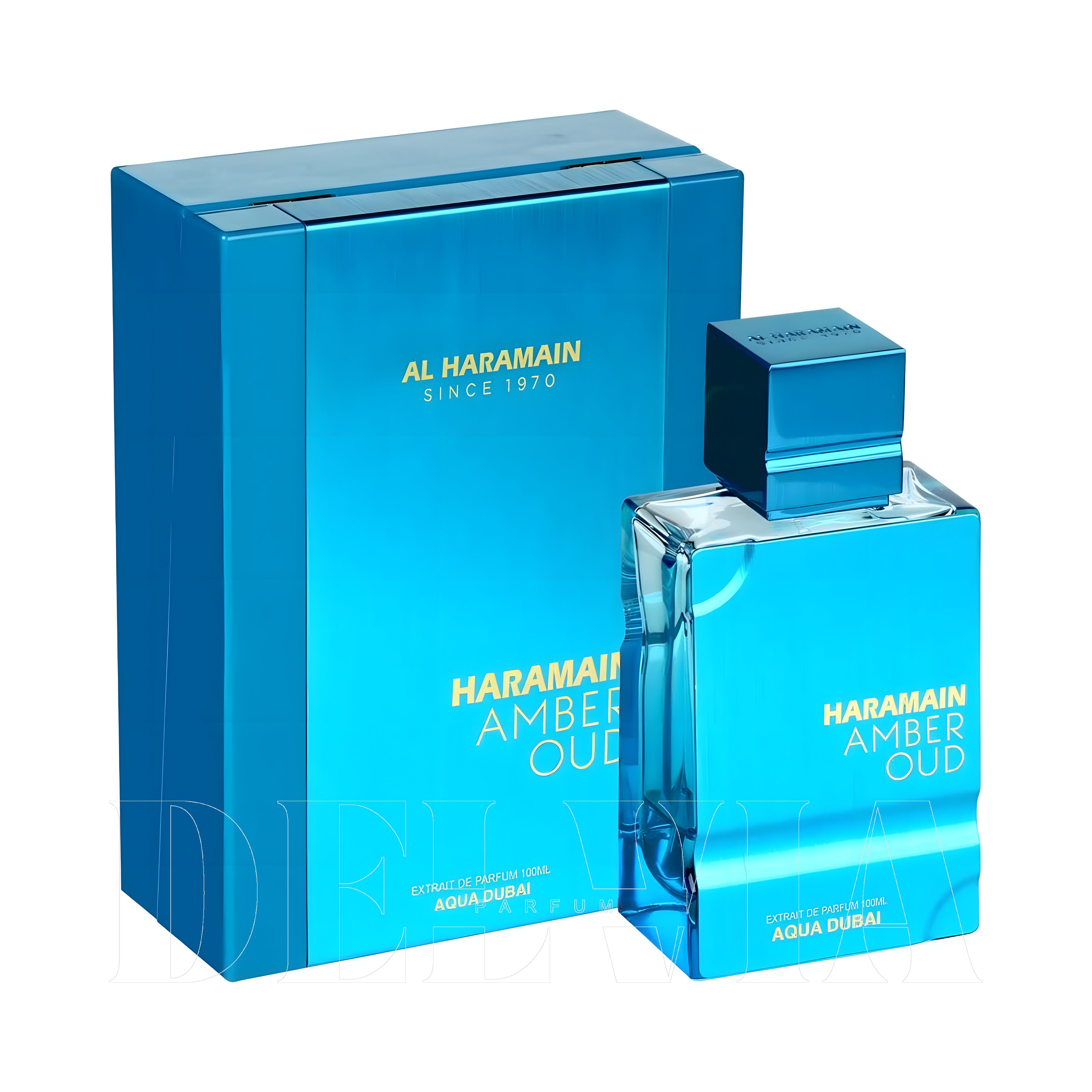 Al Haramain Amber Oud Aqua Dubai Extrait De Parfum Araba Kokusu — kutu ve şişe görseli