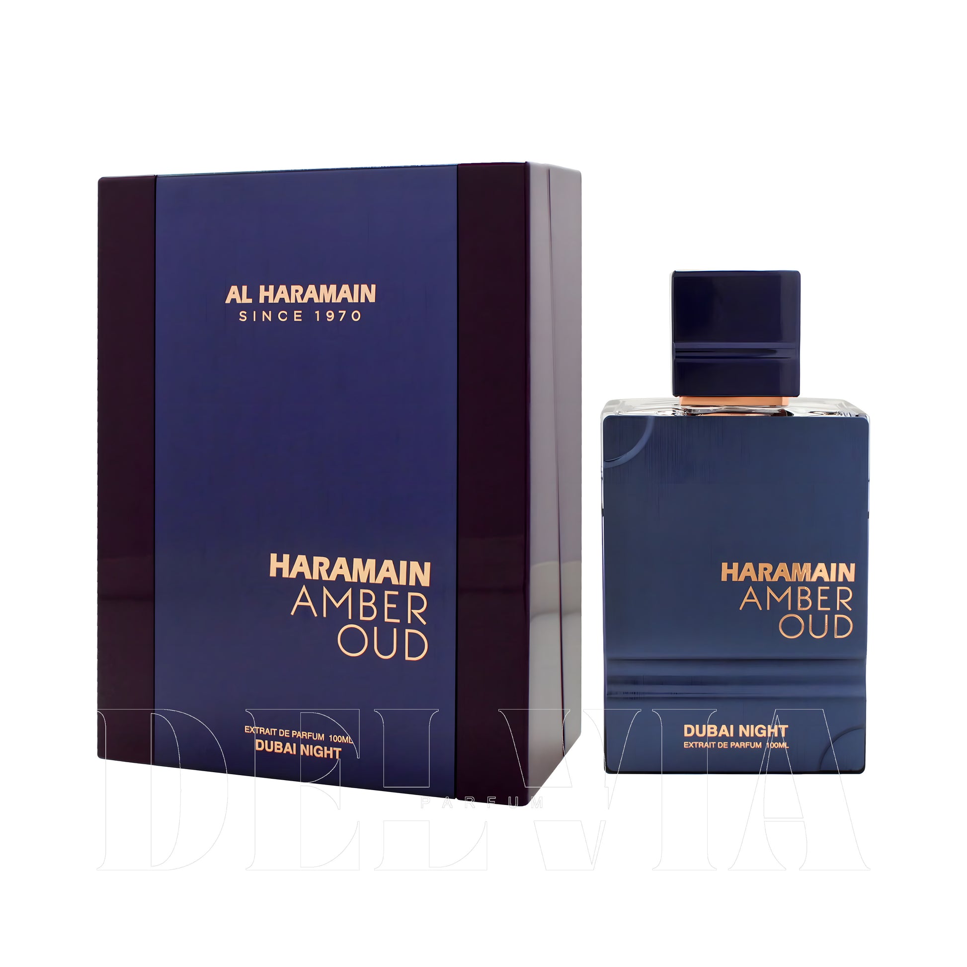 Al Haramain Amber Oud Dubai Night Extrait De Parfum 10 ml dekant parfüm — kutu ve şişe görseli