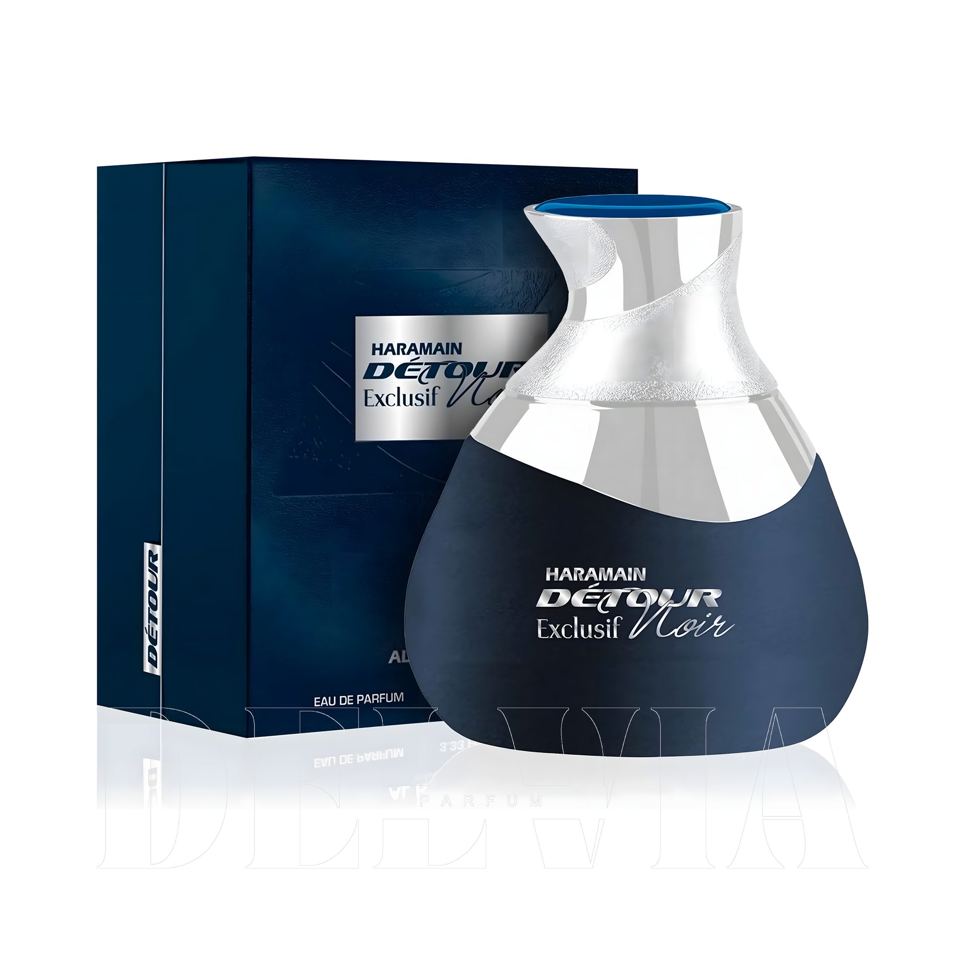 Al Haramain Detour Noir Exclusif Unisex 8 ml dekant parfüm — kutu ve şişe görseli