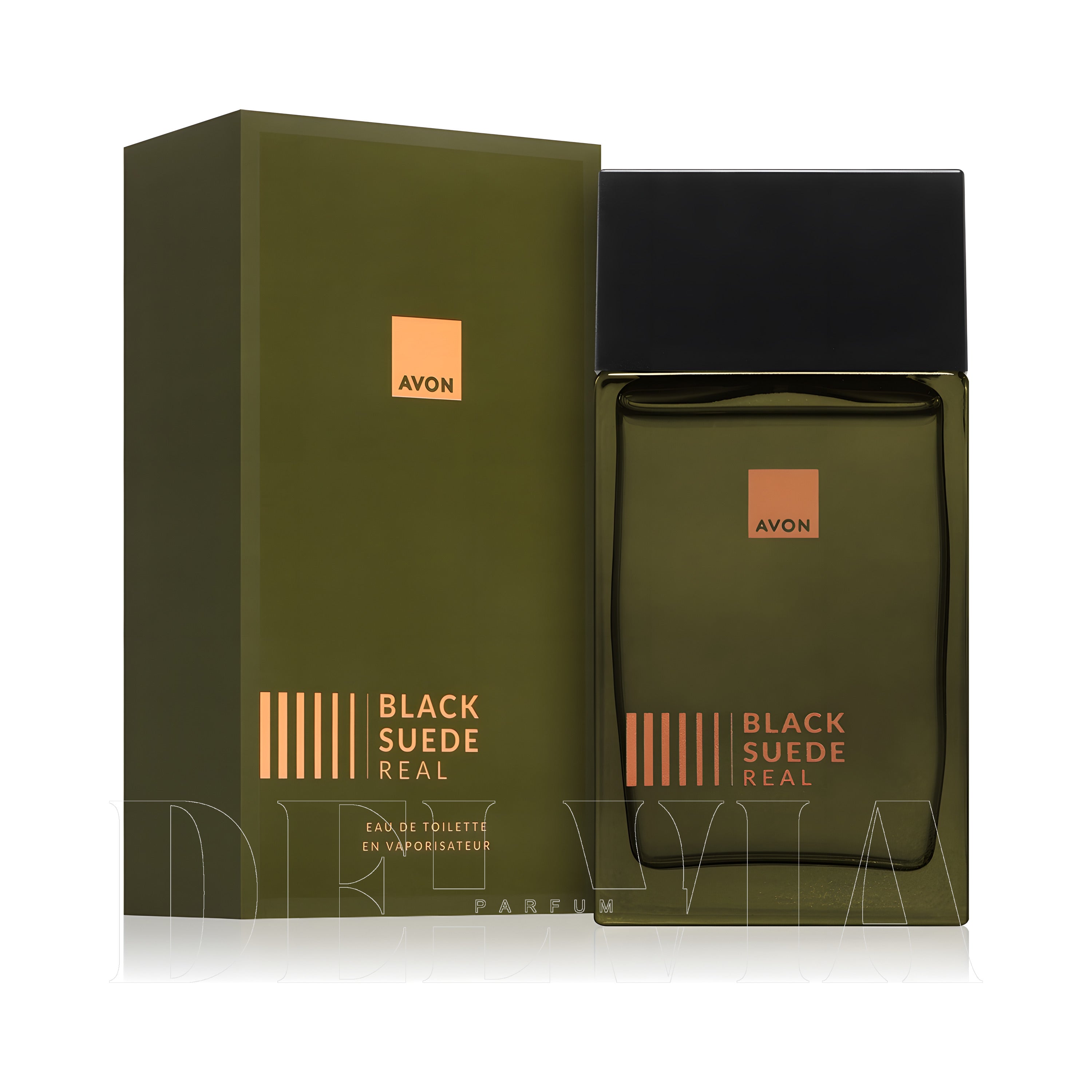 Avon Black Suede Real 2 ml dekant parfüm — kutu ve şişe görseli