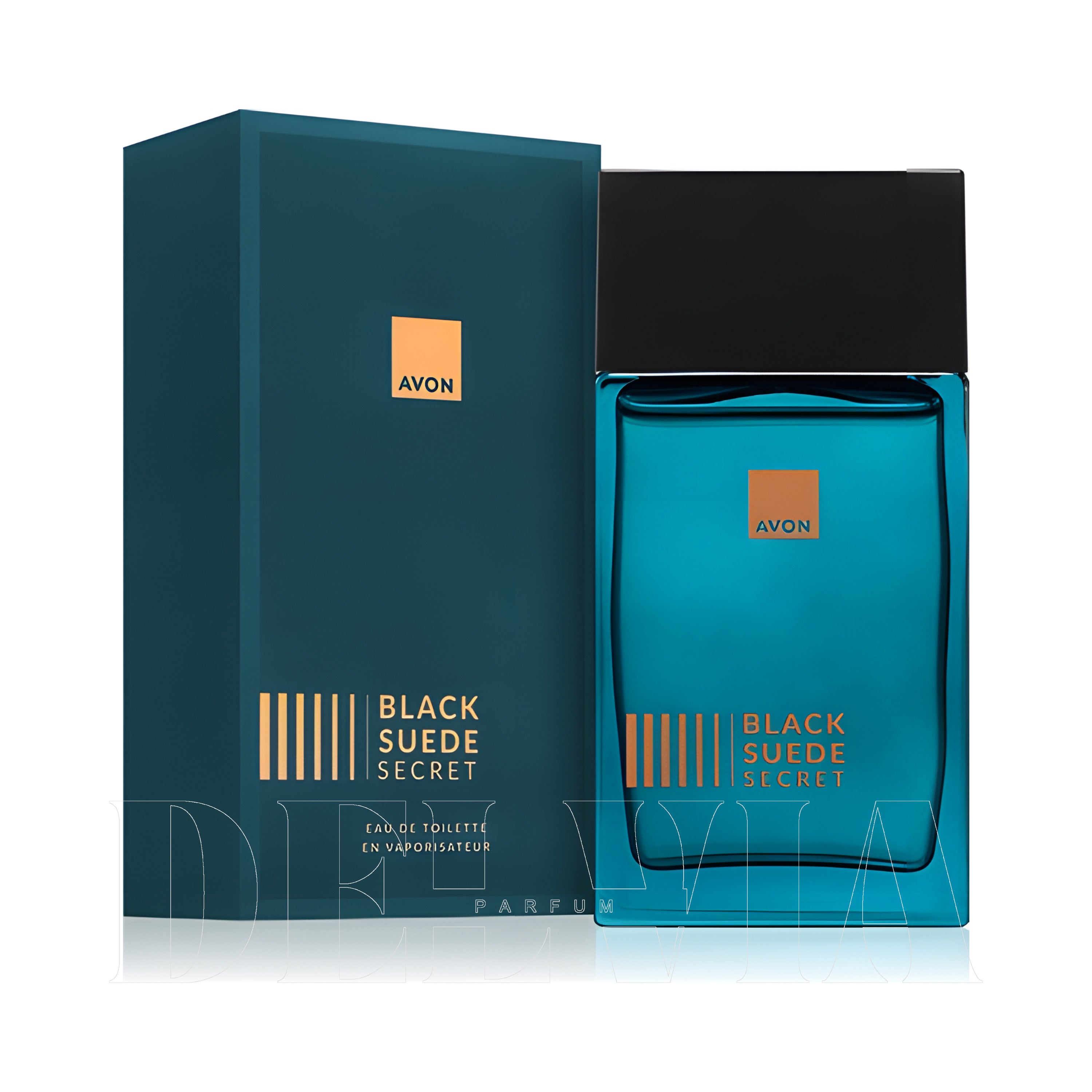 Avon Black Suede Secret Erkek 1 ml dekant parfüm — kutu ve şişe görseli