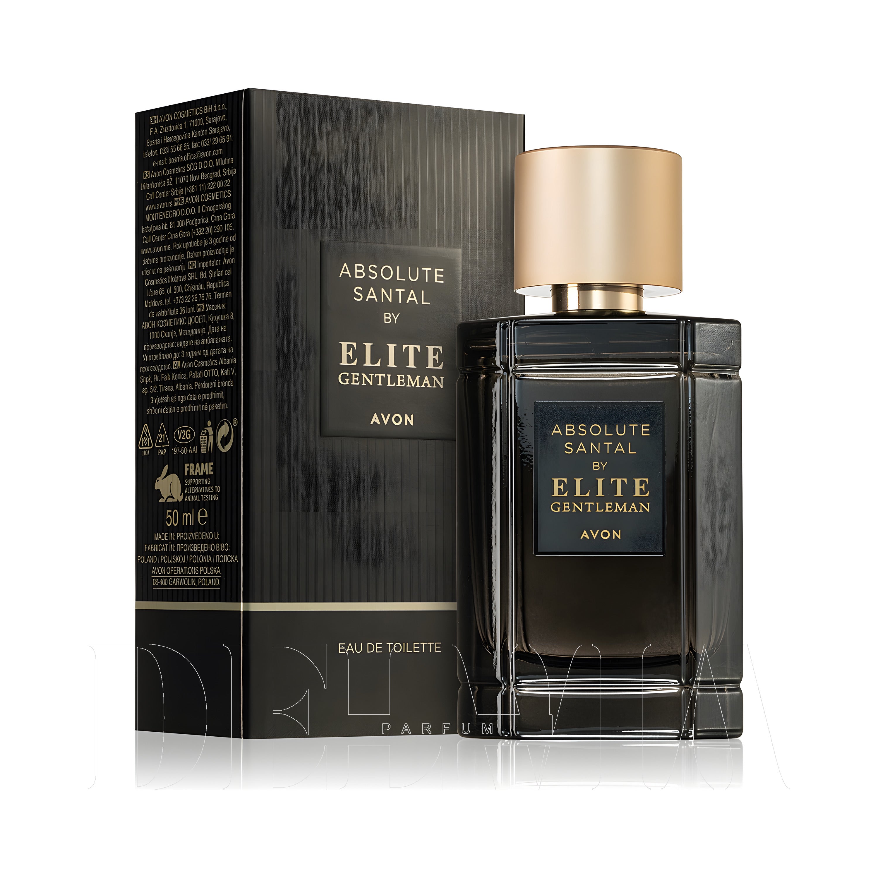 Avon Elite Gentleman Absolute Santal 1 ml dekant parfüm — kutu ve şişe görseli