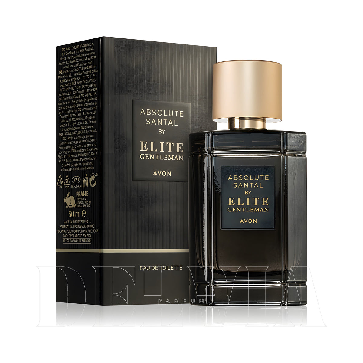 Avon Elite Gentleman Absolute Santal 1 ml dekant parfüm — kutu ve şişe görseli