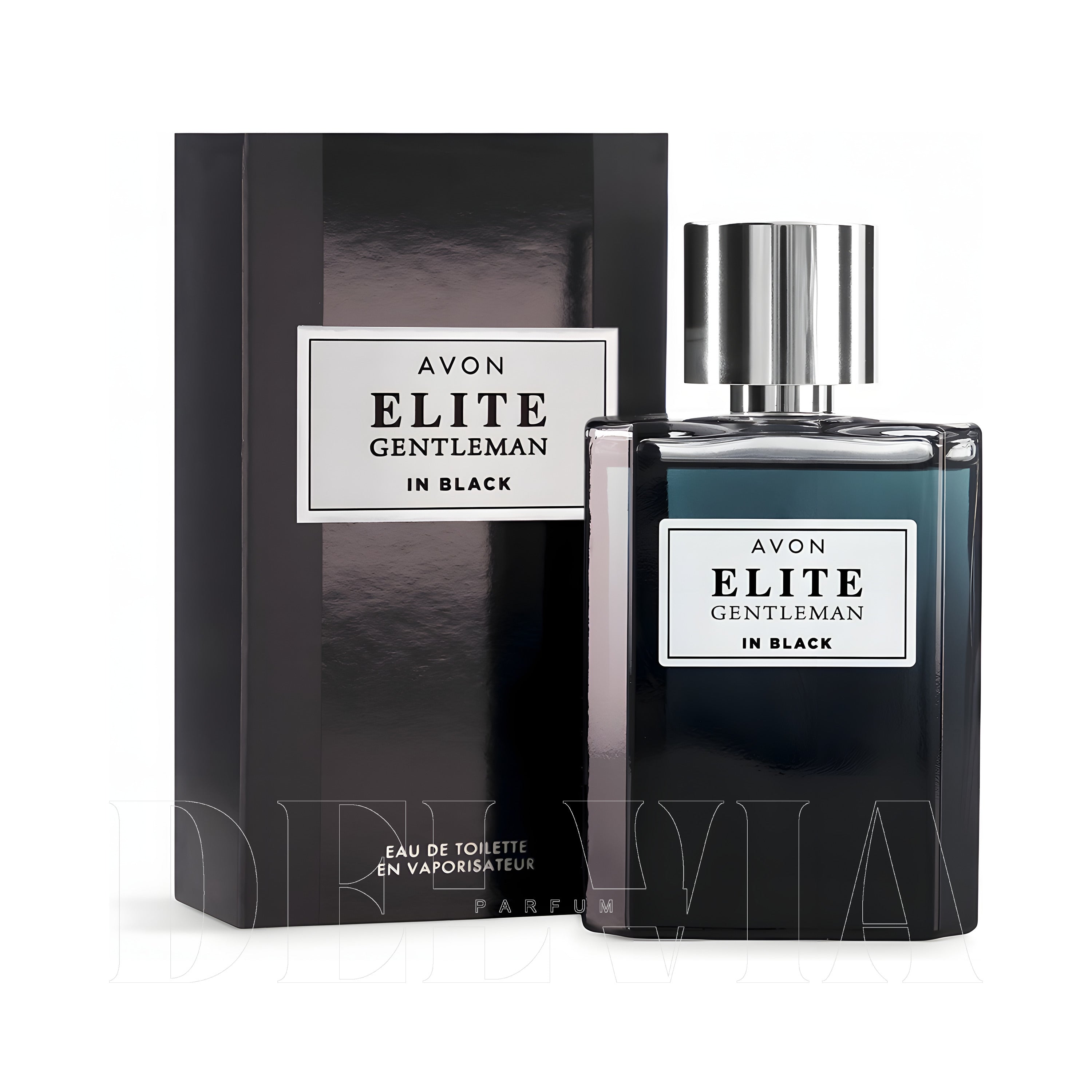 Avon Elite Gentleman In Black 1 ml dekant parfüm — kutu ve şişe görseli
