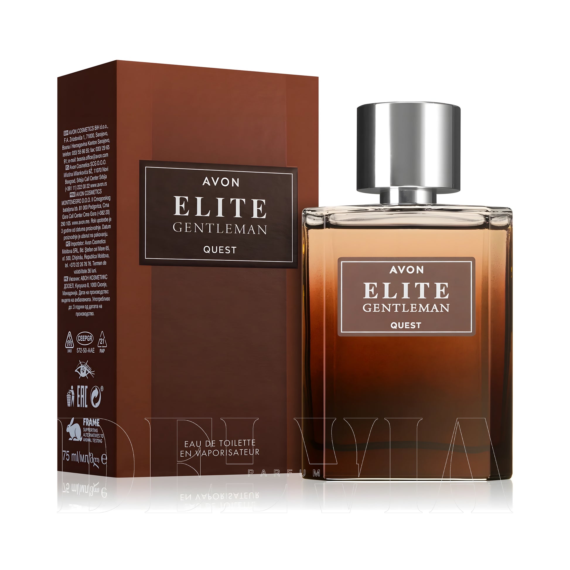 Avon Elite Gentleman Quest 2 ml dekant parfüm — kutu ve şişe görseli
