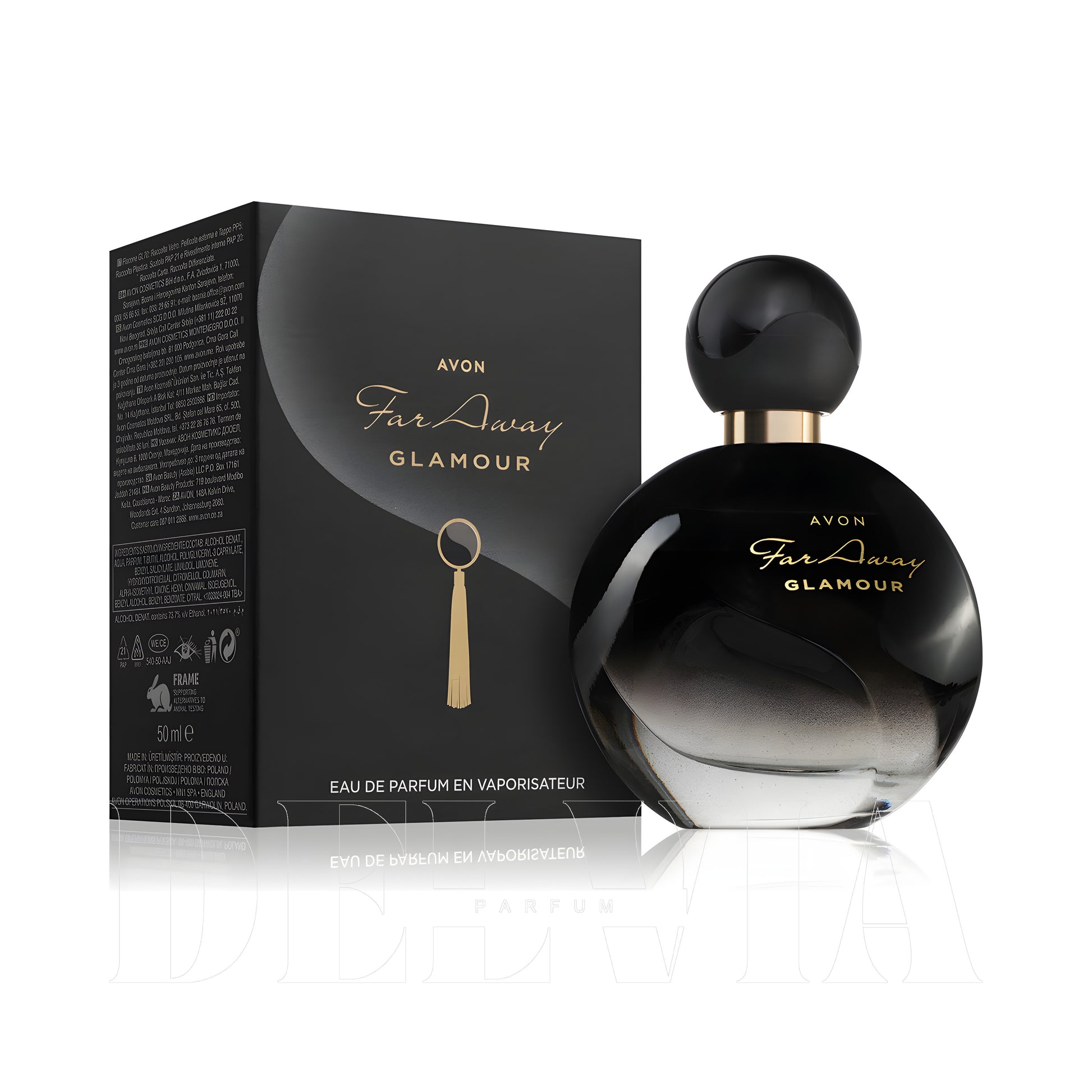 Avon Far Away Glamour 5 ml dekant parfüm — kutu ve şişe görseli