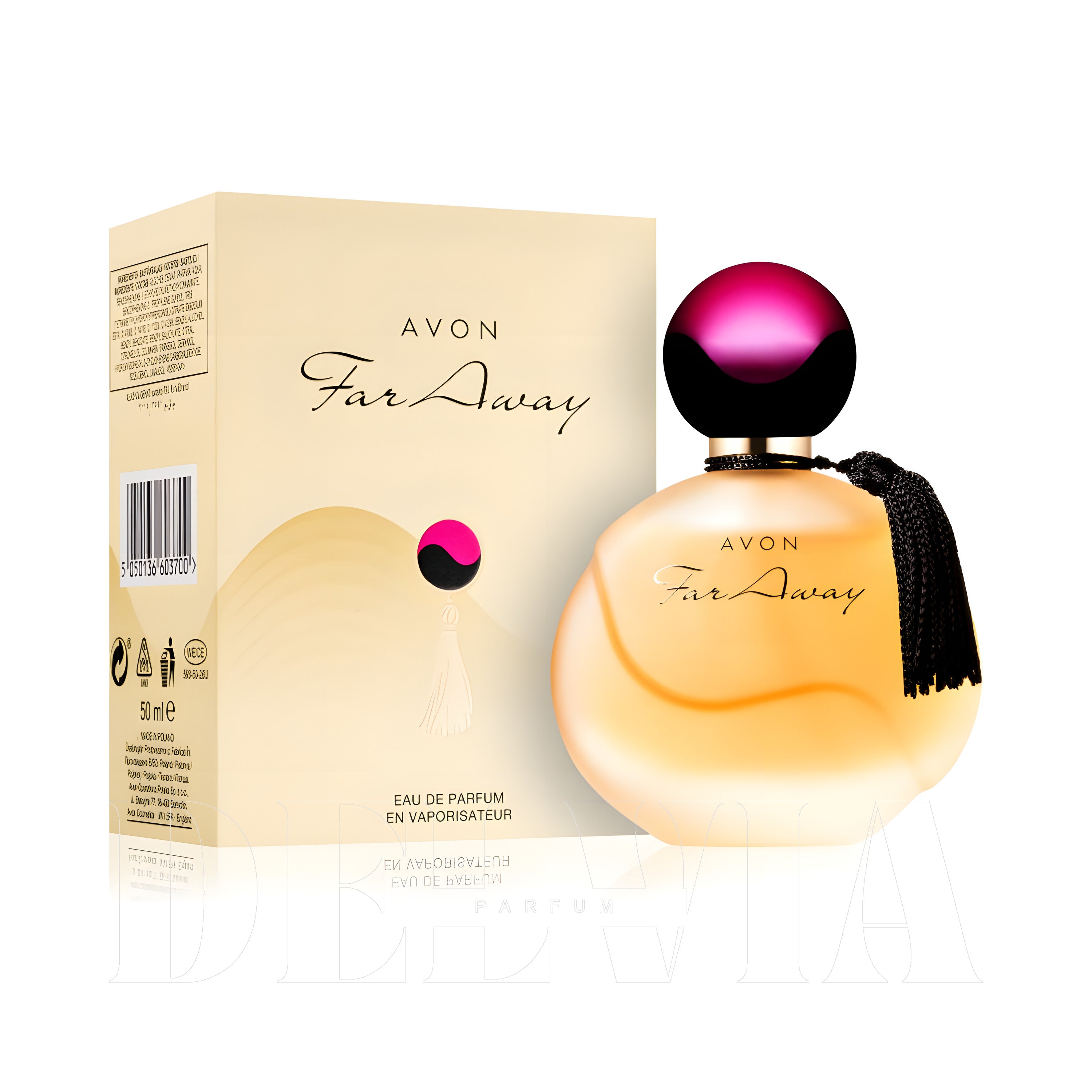Avon Far Away Kadin 1 ml dekant parfüm — kutu ve şişe görseli