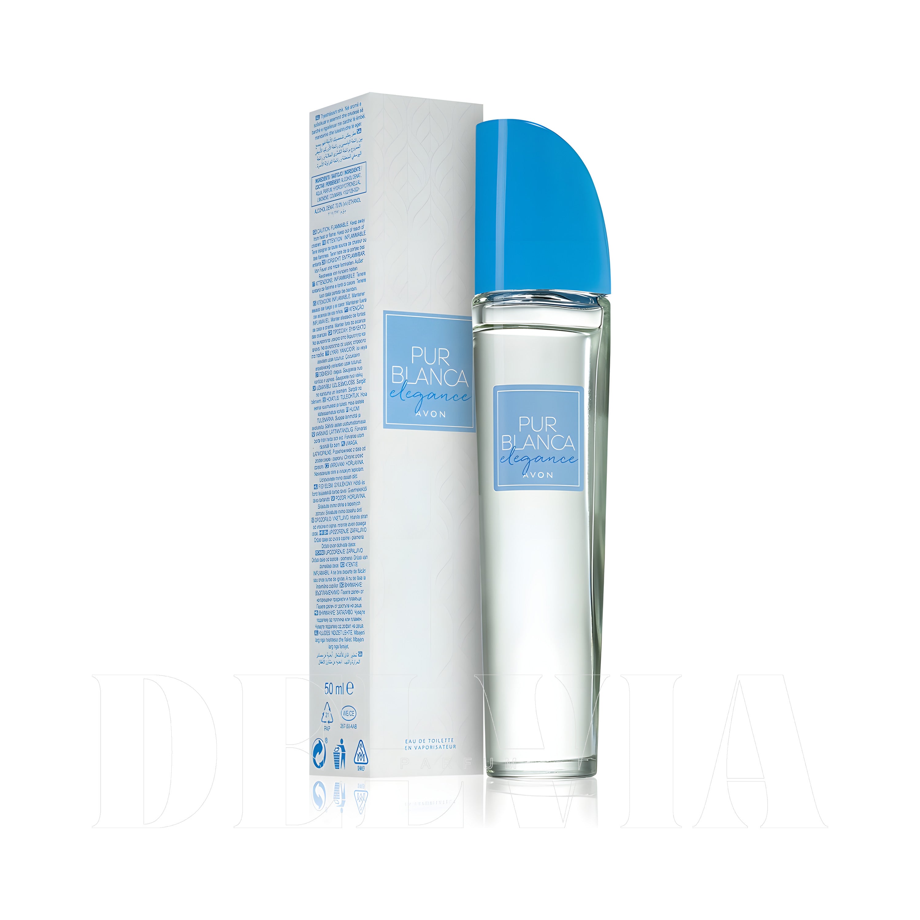 Avon Pur Blanca Elegance 2 ml dekant parfüm — kutu ve şişe görseli