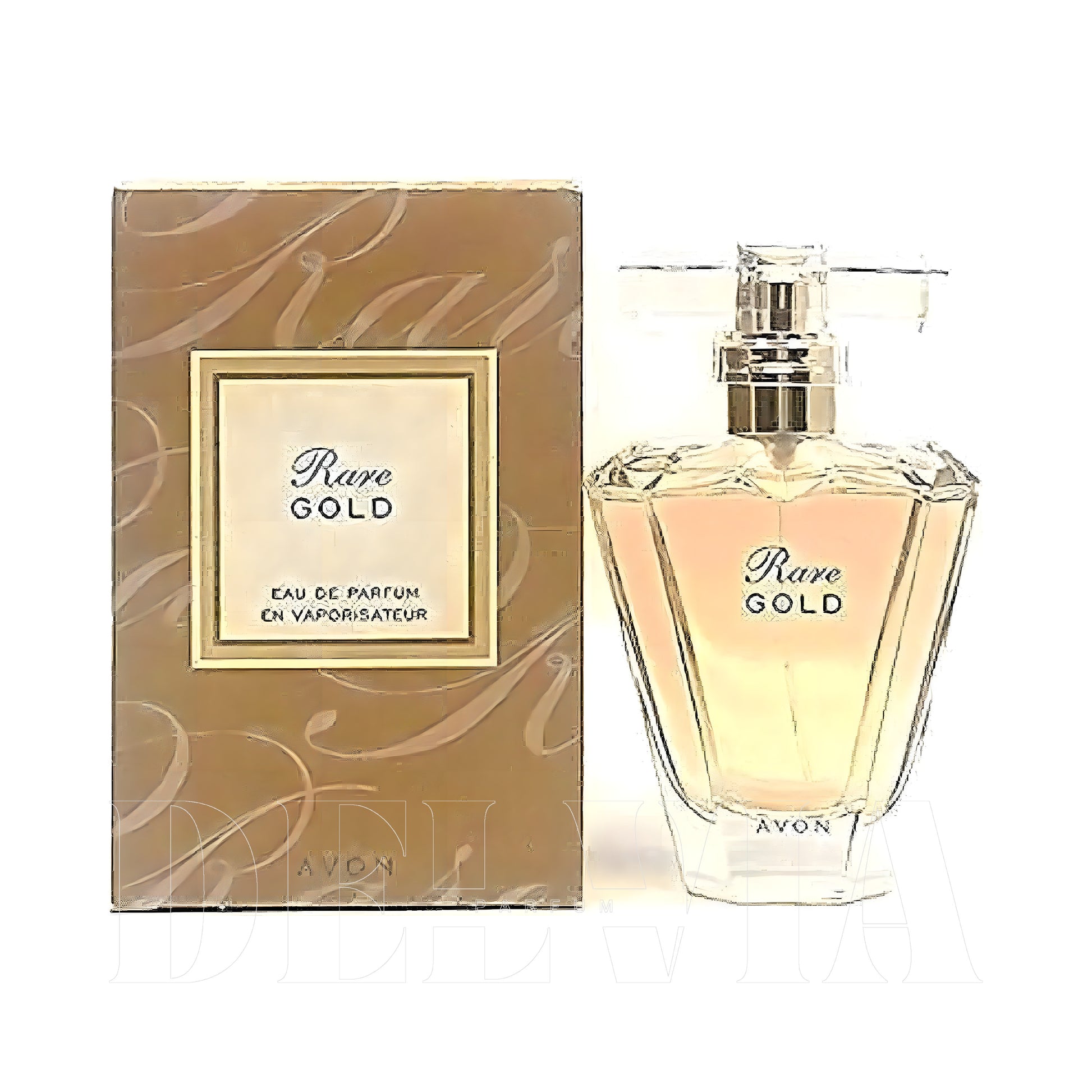 Avon Rare Gold 2 ml dekant parfüm — kutu ve şişe görseli