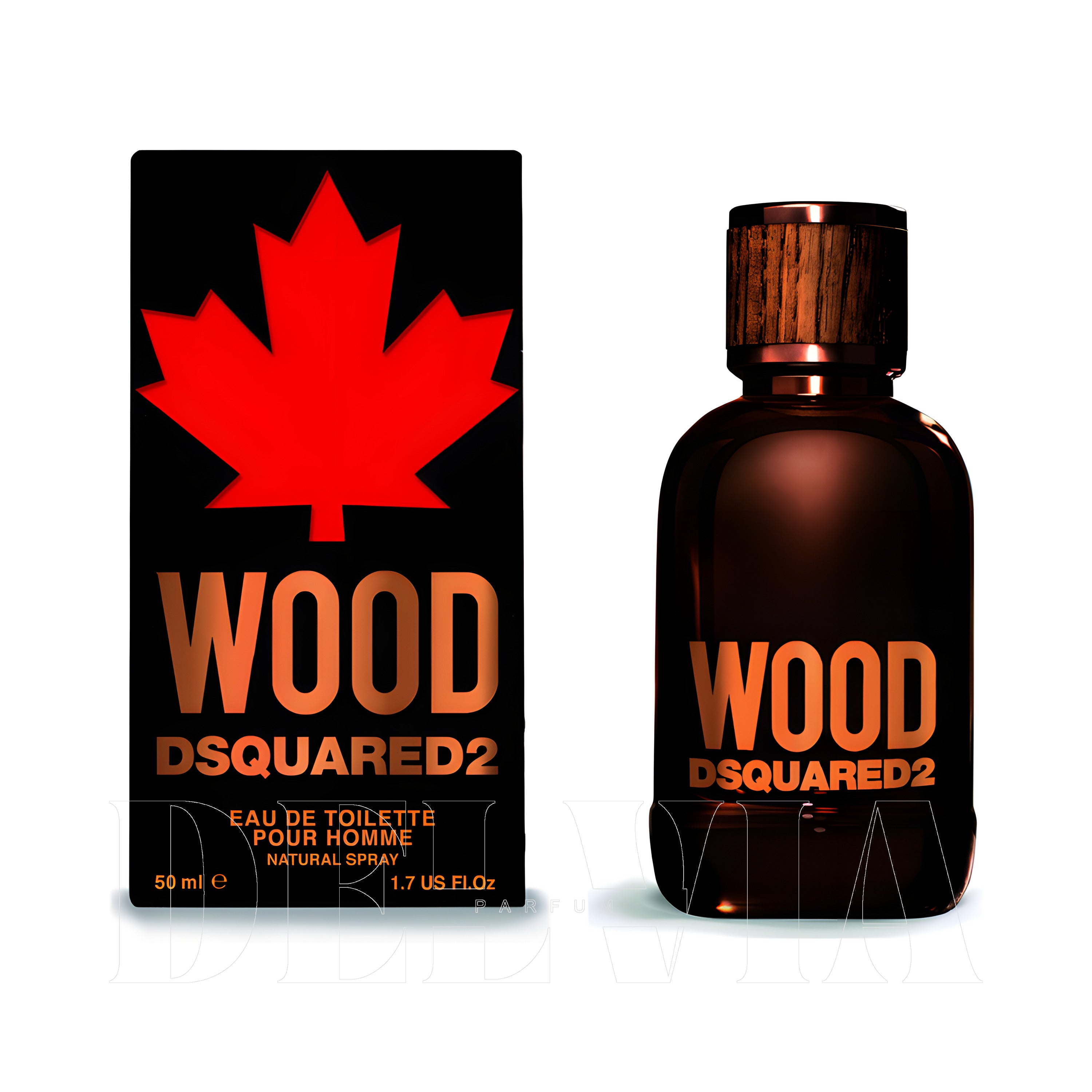 Dsquared2 Wood Men 20 ml dekant parfüm — kutu ve şişe görseli
