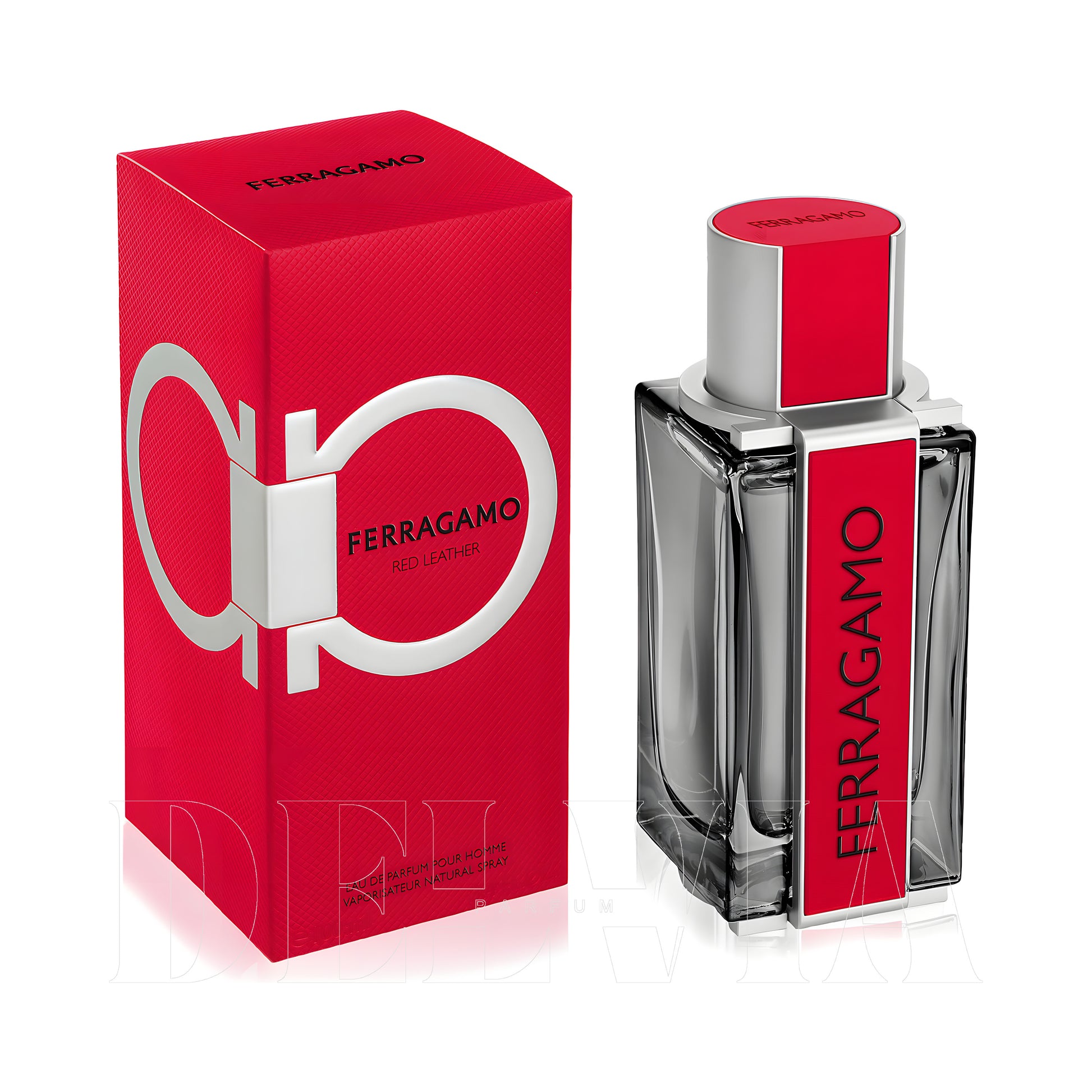 Ferragamo Red Leather Tam Boy Parfum — kutu ve şişe görseli