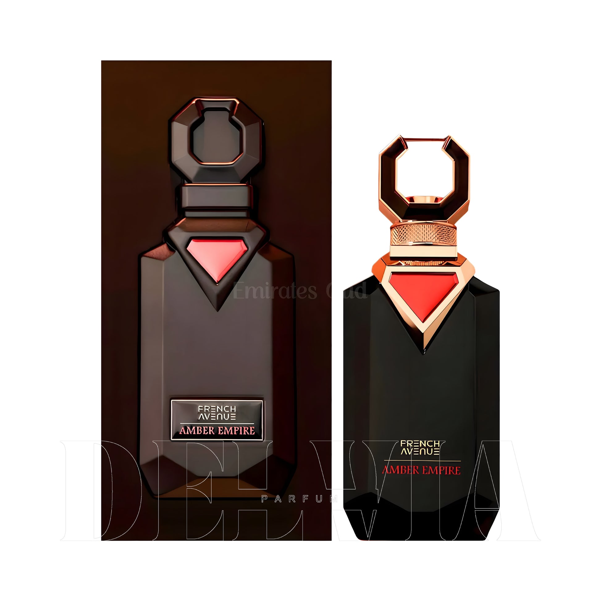 French Avenue Amber Empire Extrait 2 ml dekant parfüm — kutu ve şişe görseli