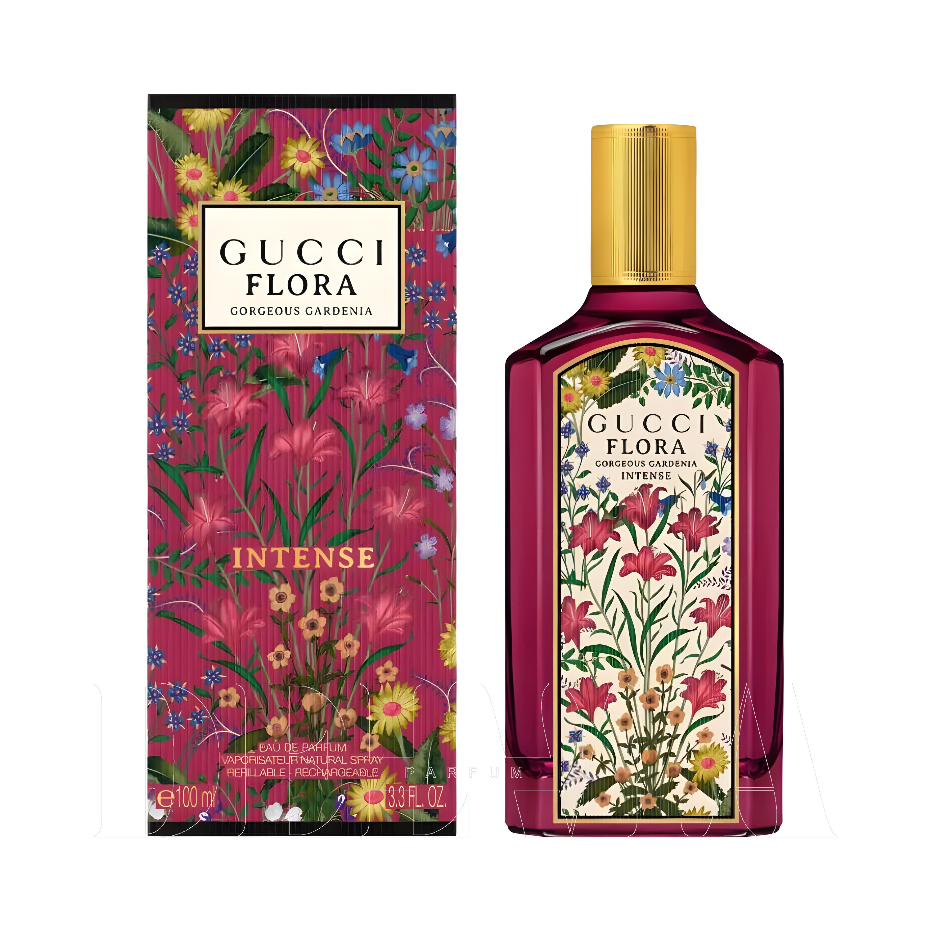 Gucci Flora Gorgeous Gardenia Intense 20 ml dekant parfüm — kutu ve şişe görseli