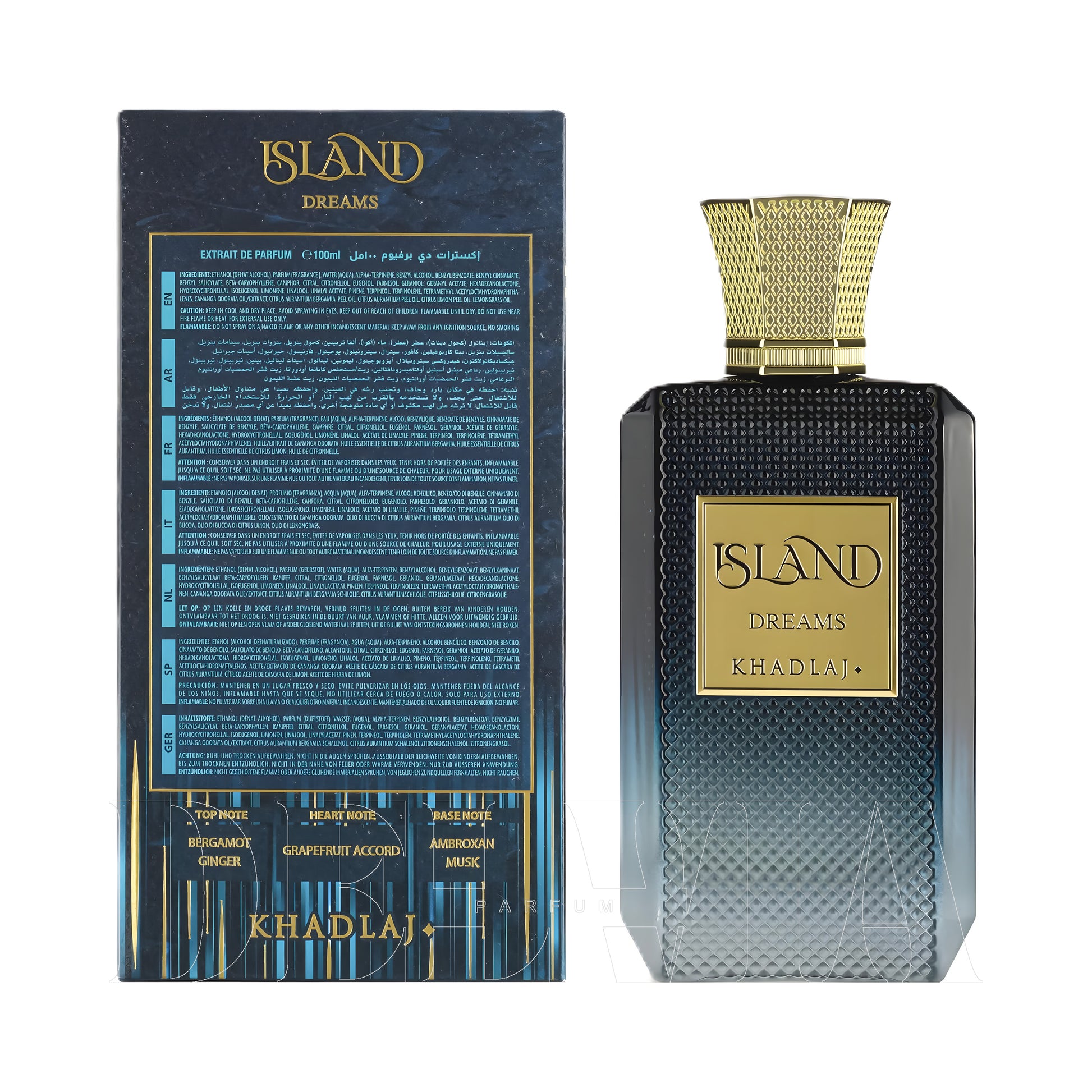 Khadlaj Unisex Island Dreams Extrait De Parfum 8 ml dekant parfüm — kutu ve şişe görseli