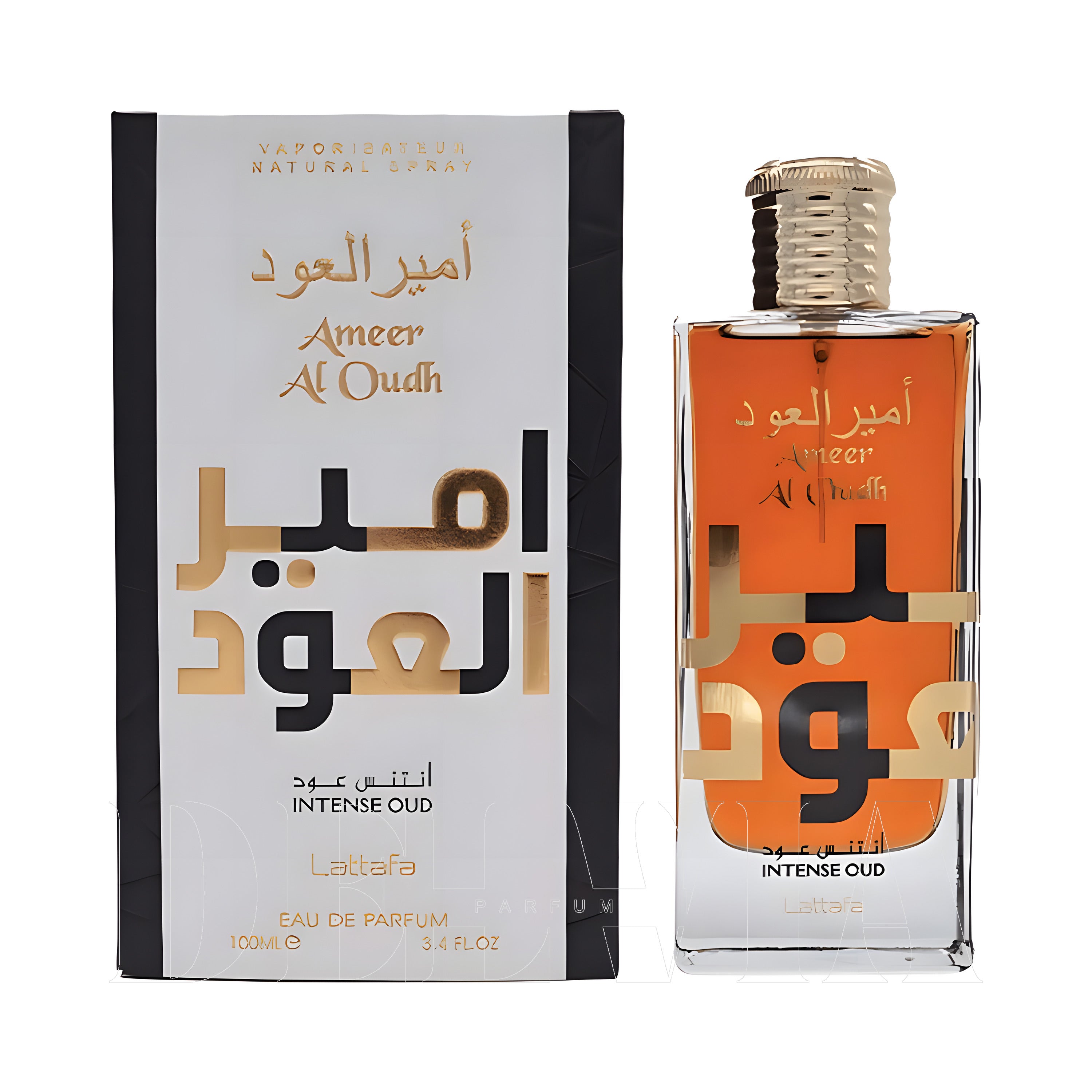 Lattafa Ameer Al Oudh Intense Oud 2 ml dekant parfüm — kutu ve şişe görseli