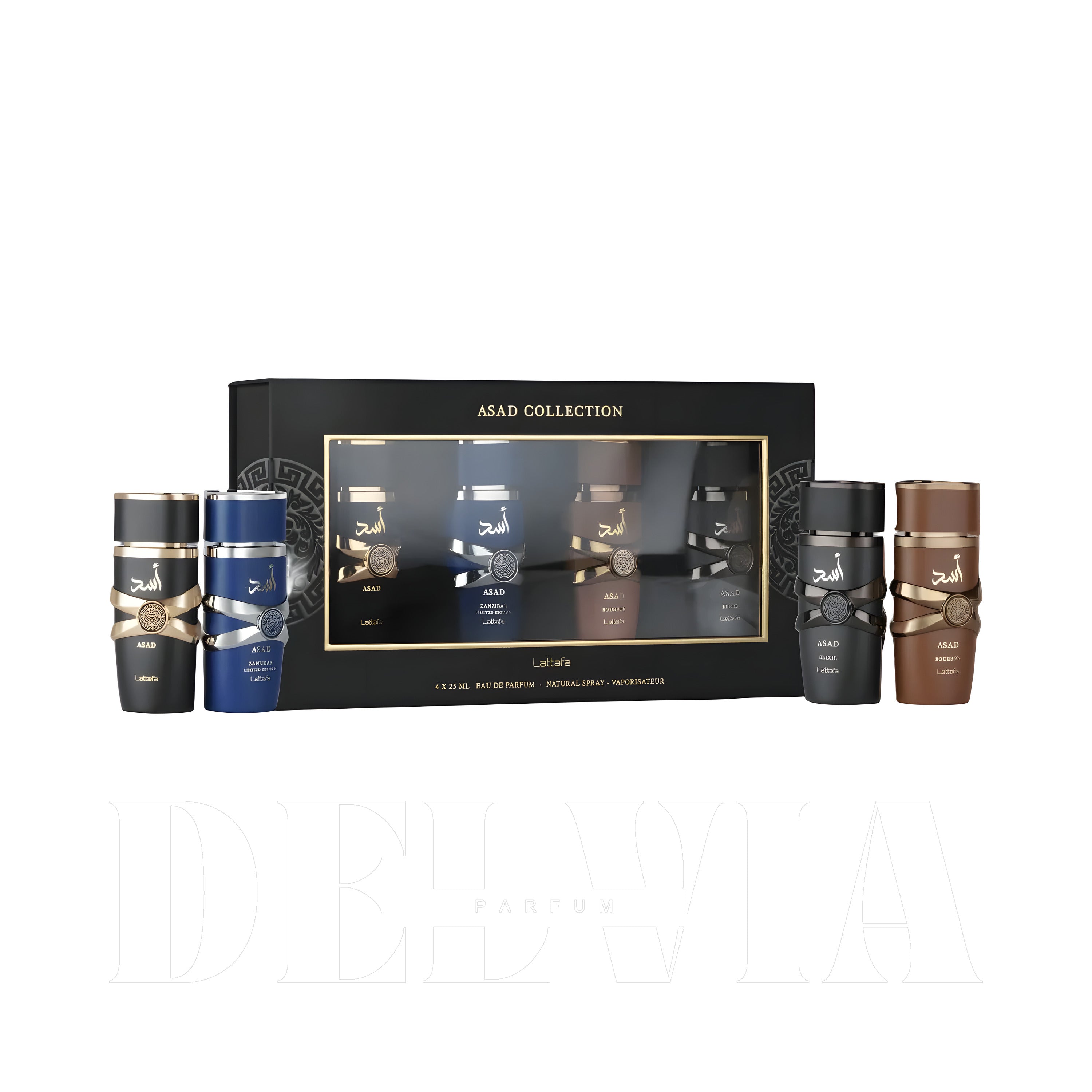 Lattafa Asad Collection Edp 4x25 Ml 2 ml dekant parfüm — kutu ve şişe görseli