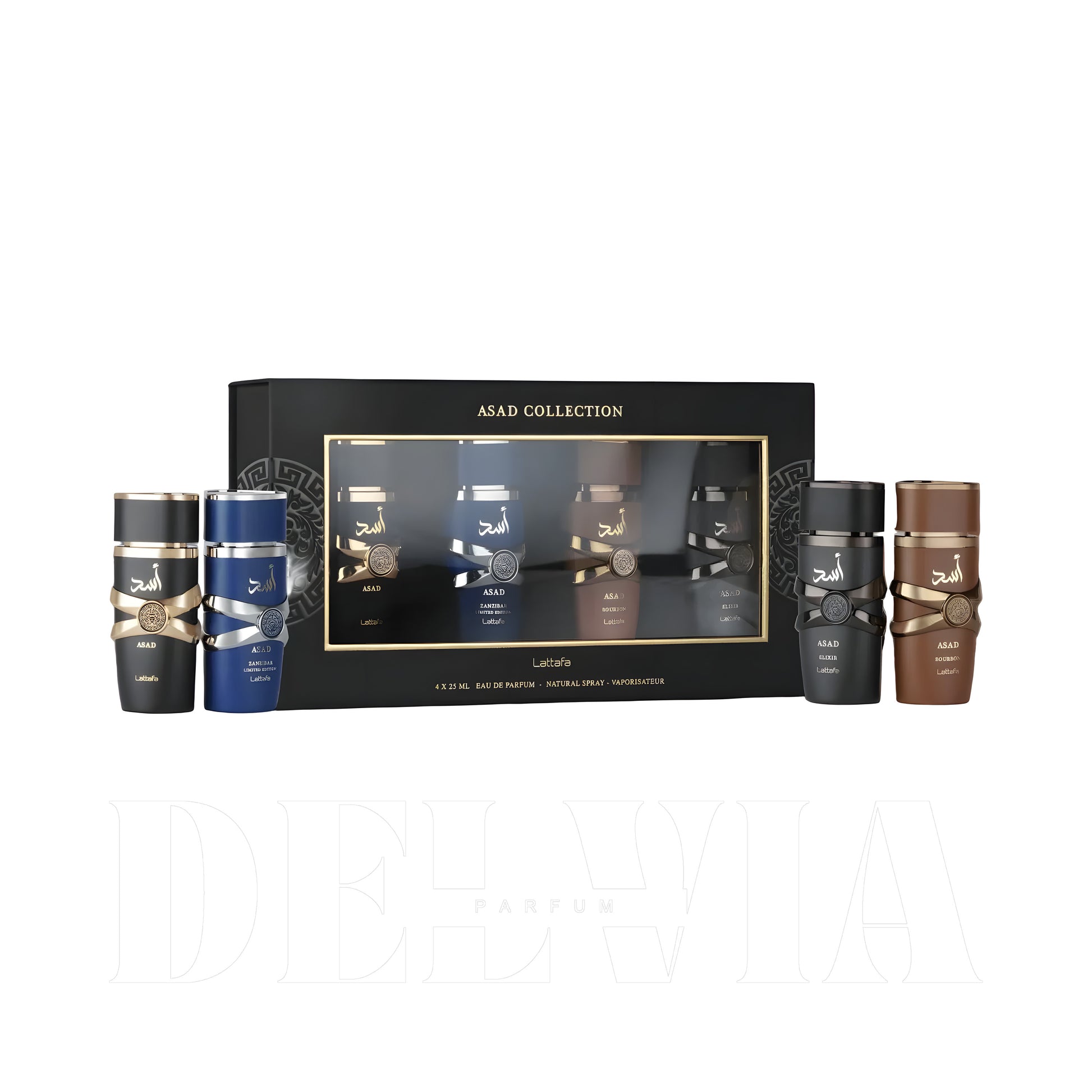 Lattafa Asad Collection Edp 4x25 Ml Katı Parfum — kutu ve şişe görseli