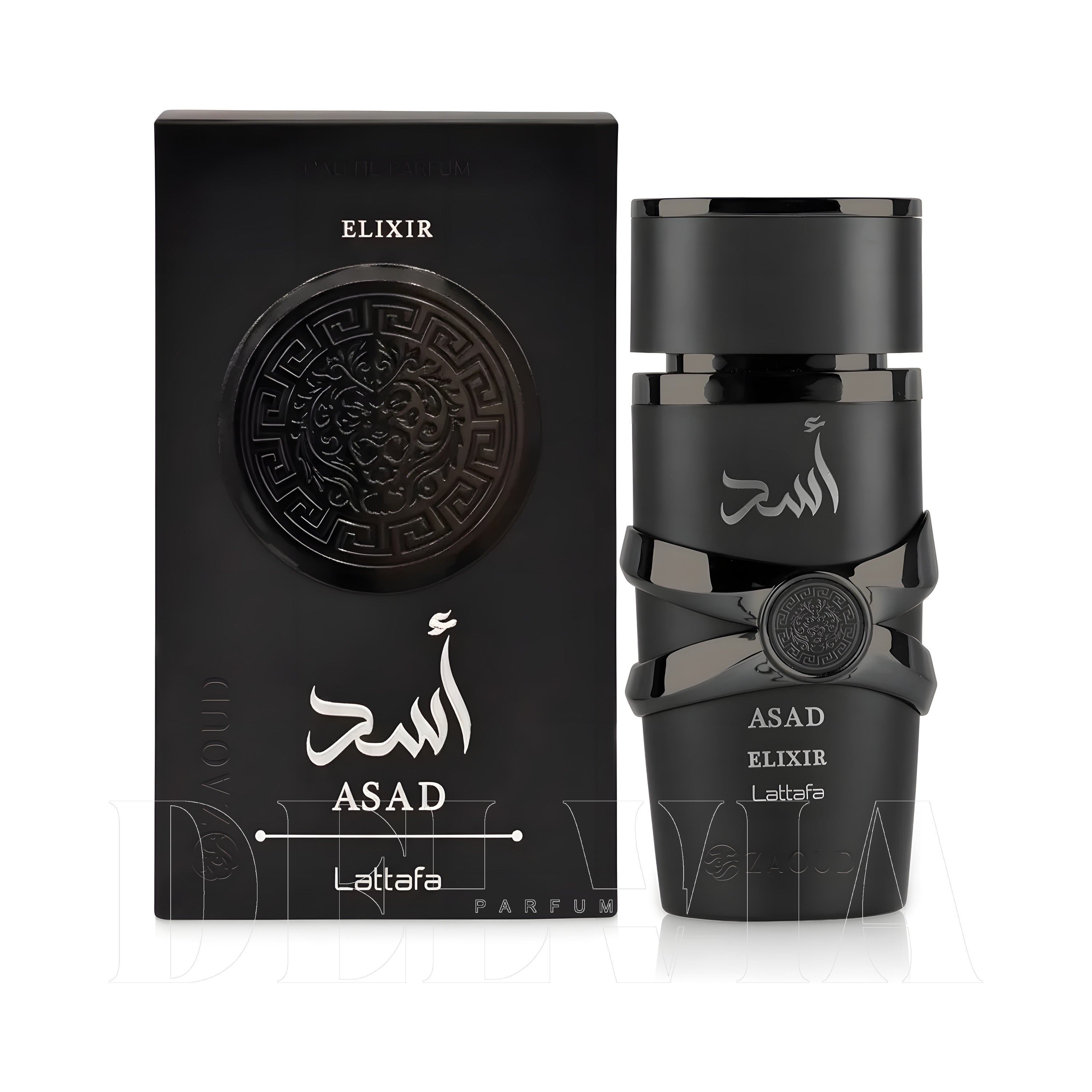 Lattafa Asad Elixir 15 Ml dekant parfüm Parfum — kutu ve şişe görseli