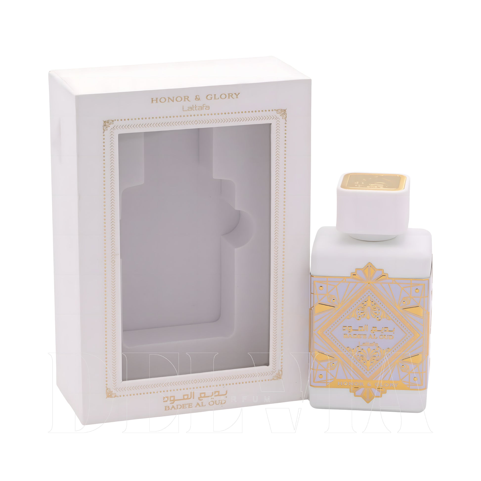 Lattafa Bade E Al Oud Honor Glory Eau De Parfum 20 ml dekant parfüm — kutu ve şişe görseli