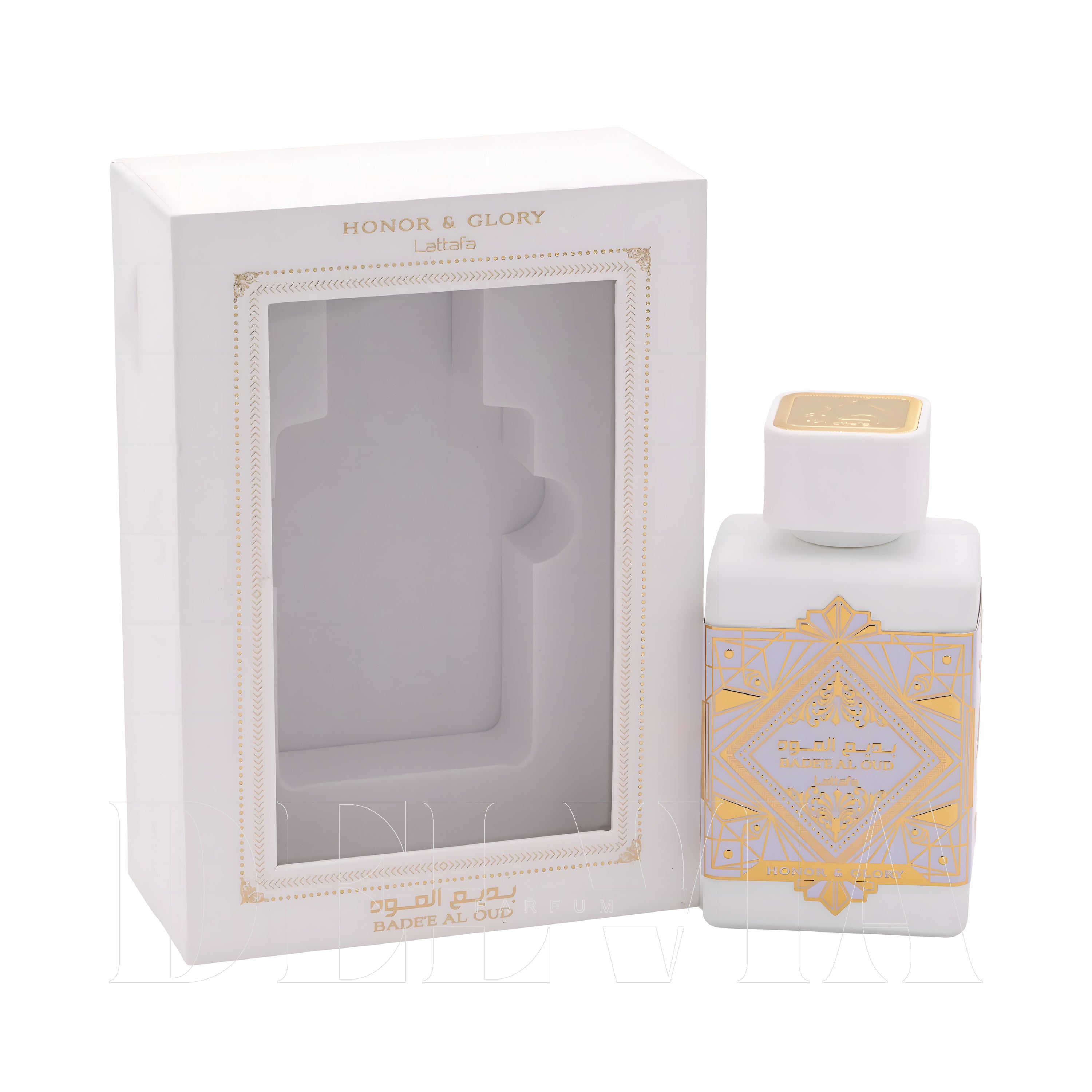 Lattafa Bade E Al Oud Honor Glory Eau De Parfum 5 ml dekant parfüm — kutu ve şişe görseli