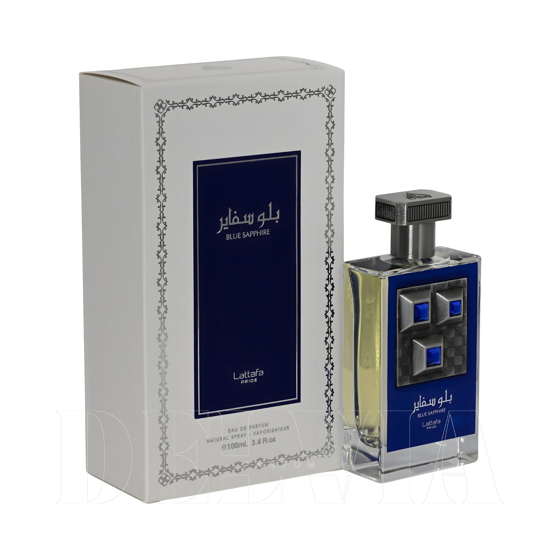 Lattafa Blue Sapphire 15 ml dekant parfüm — kutu ve şişe görseli