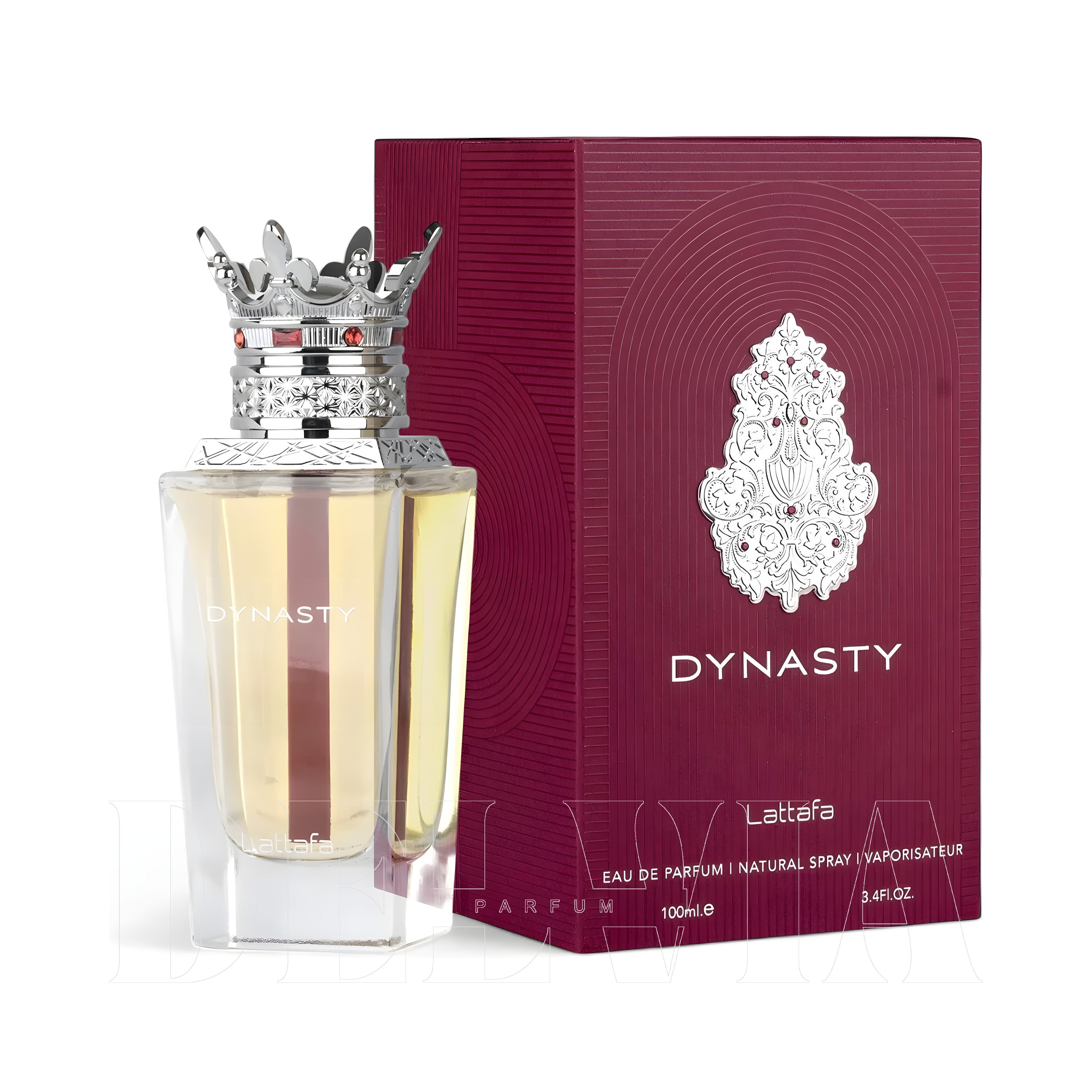 Lattafa Dynasty 3 ml dekant parfüm — kutu ve şişe görseli