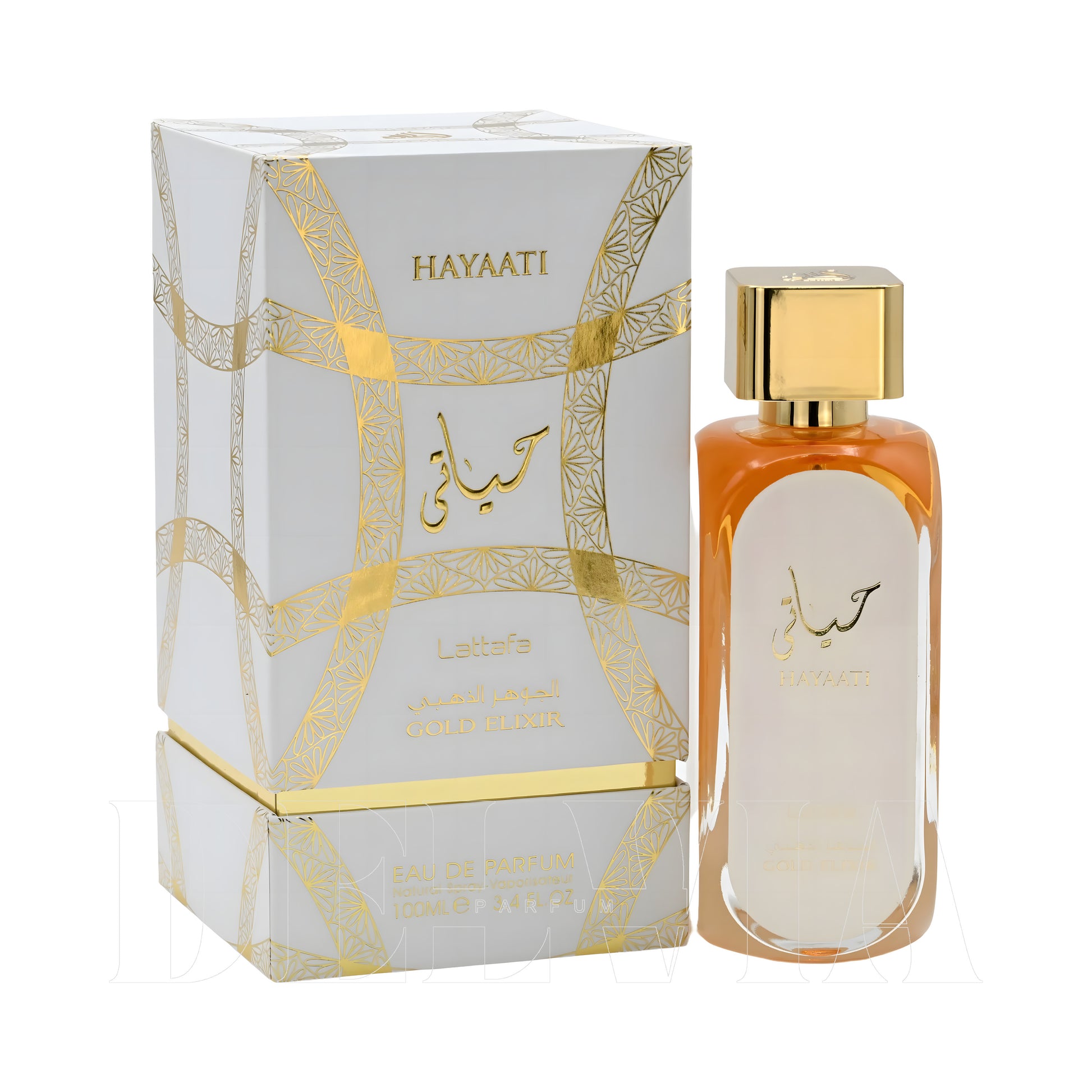 Lattafa Hayaati Gold Elixir 2 ml dekant parfüm — kutu ve şişe görseli