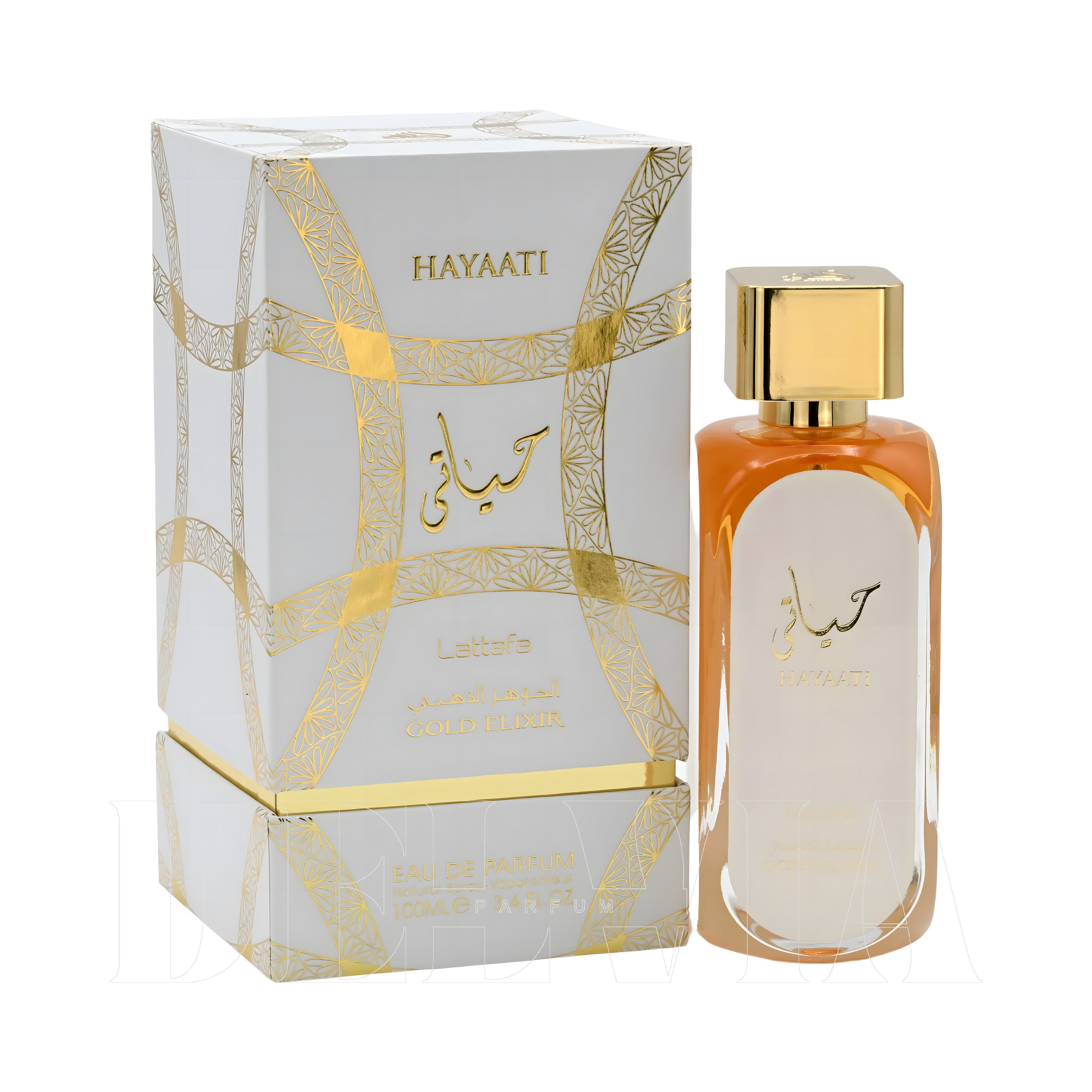 Lattafa Hayaati Gold Elixir 2 ml dekant parfüm — kutu ve şişe görseli