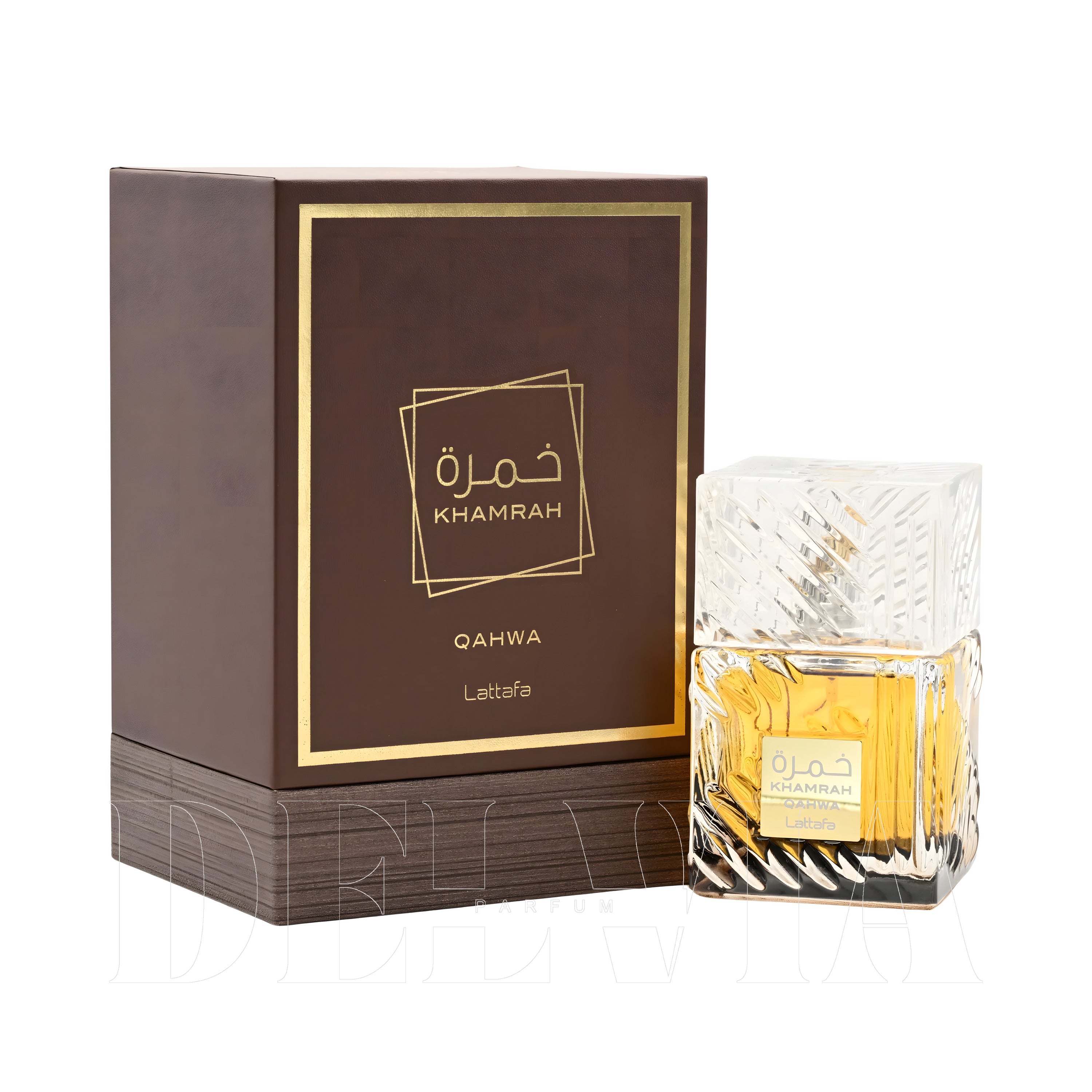 Lattafa Khamrah Qahwa Unisex Eau De Parfum 2 ml dekant parfüm — kutu ve şişe görseli