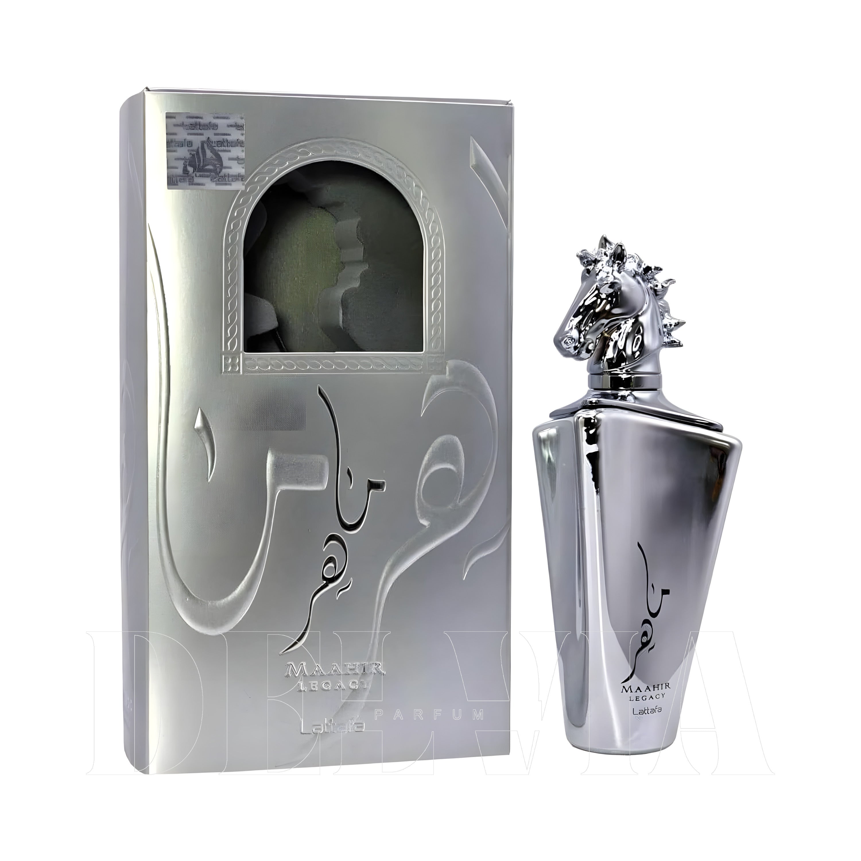 Lattafa Maahir Legacy 5 ml dekant parfüm — kutu ve şişe görseli