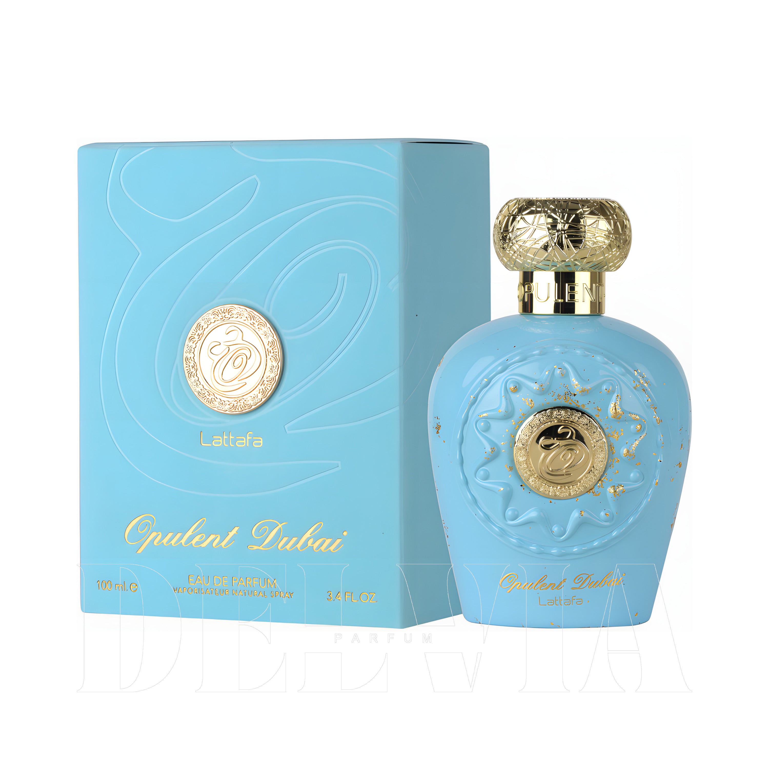 Lattafa Opulent Dubai 3 ml dekant parfüm — kutu ve şişe görseli