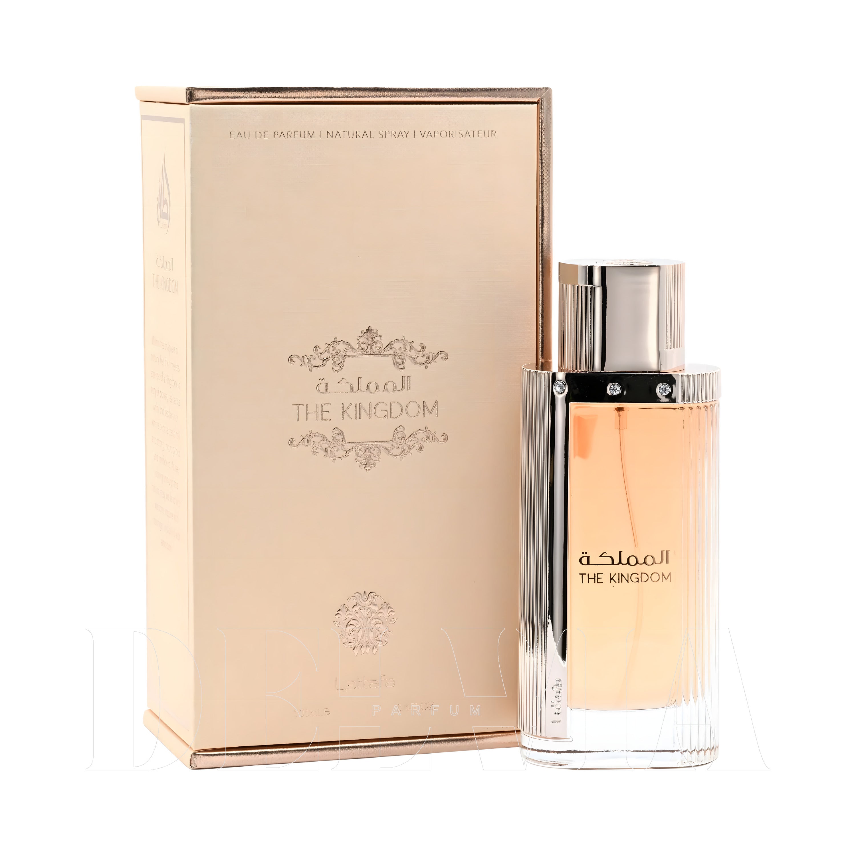 Lattafa The Kingdom Eau De Parfum 3 ml dekant parfüm — kutu ve şişe görseli