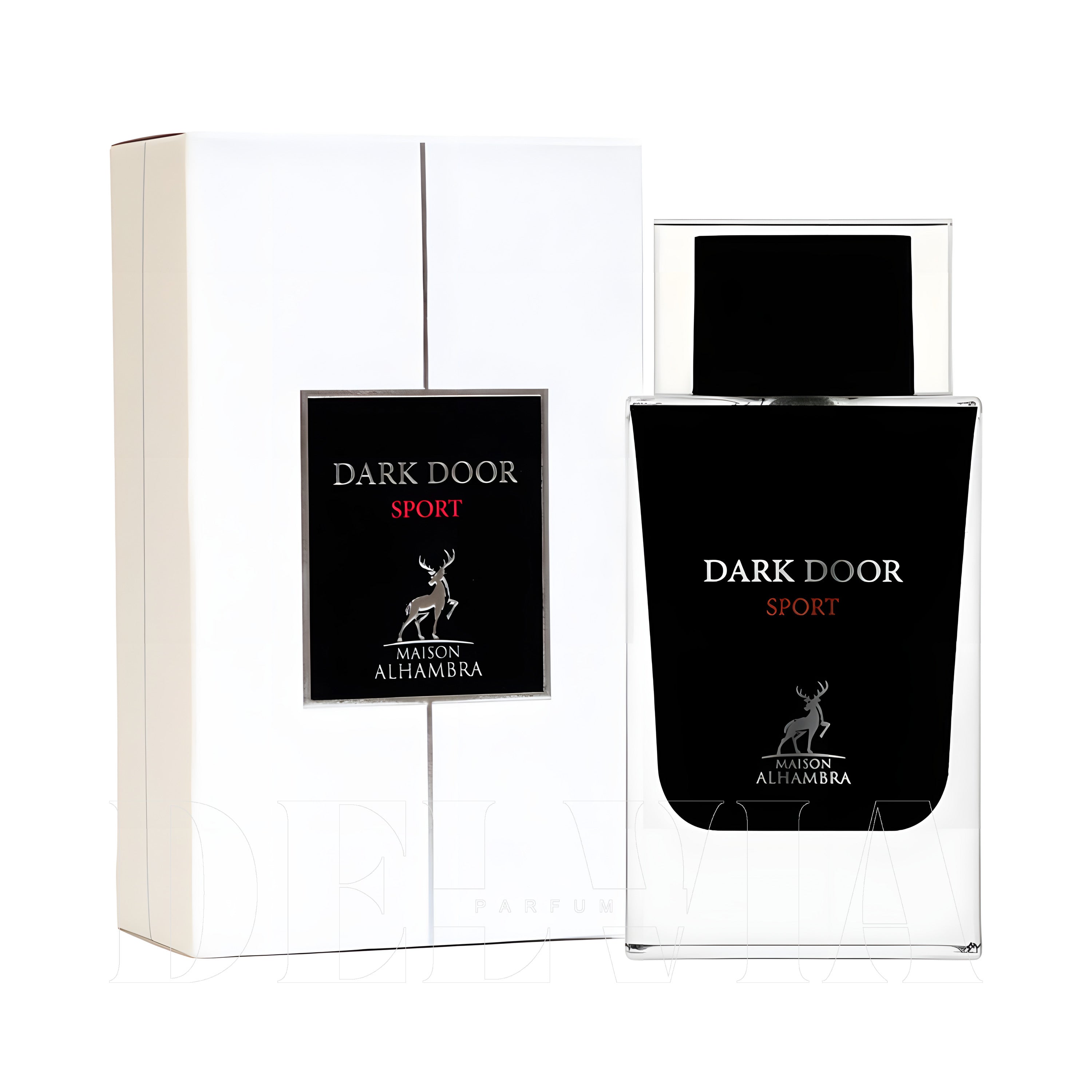 Maison Alhambra Dark Door Sport Edp 1 ml dekant parfüm — kutu ve şişe görseli