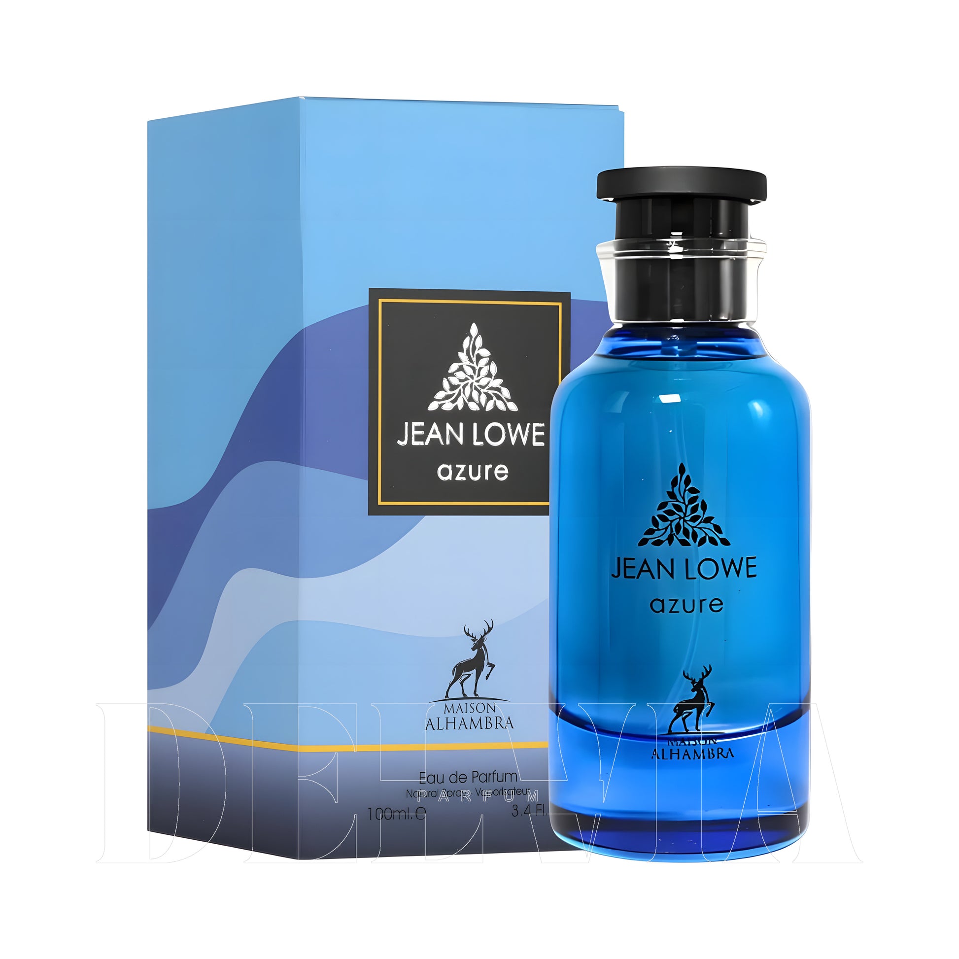 Maison Alhambra Jean Lowe Azure 3 ml dekant parfüm — kutu ve şişe görseli