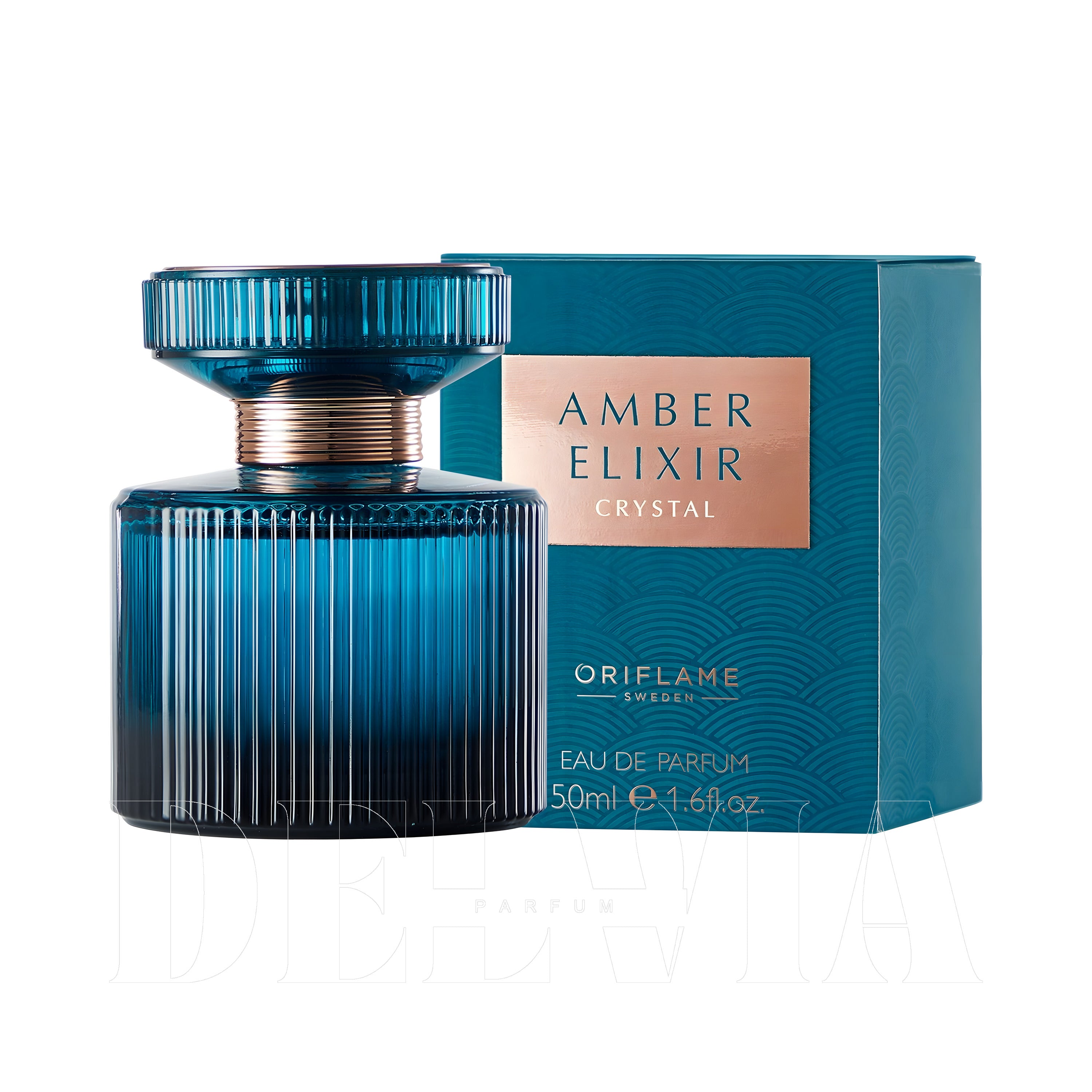 Oriflame Amber Elixir Crystal 1 ml dekant parfüm — kutu ve şişe görseli