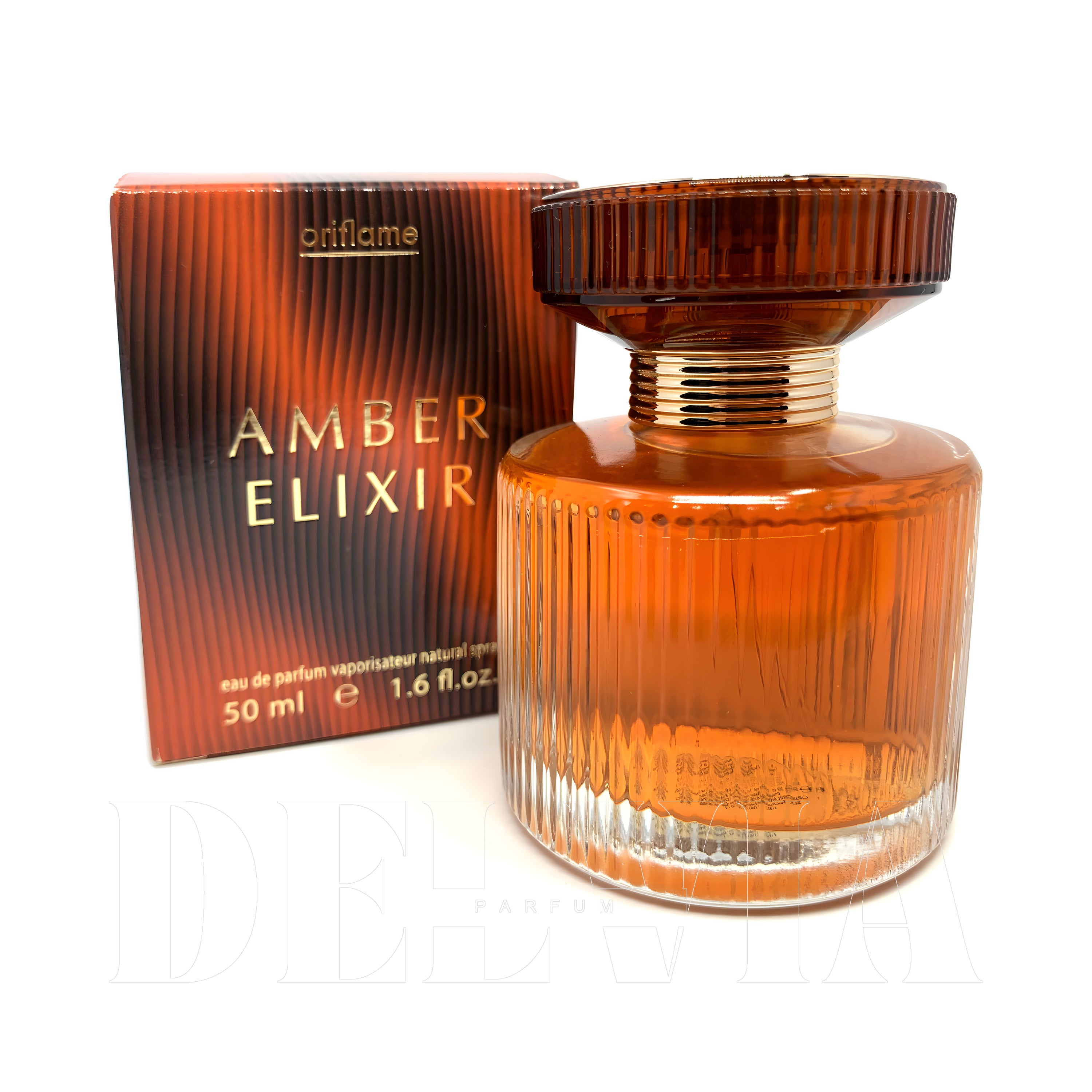 Oriflame Amber Elixir 10 ml dekant parfüm — kutu ve şişe görseli
