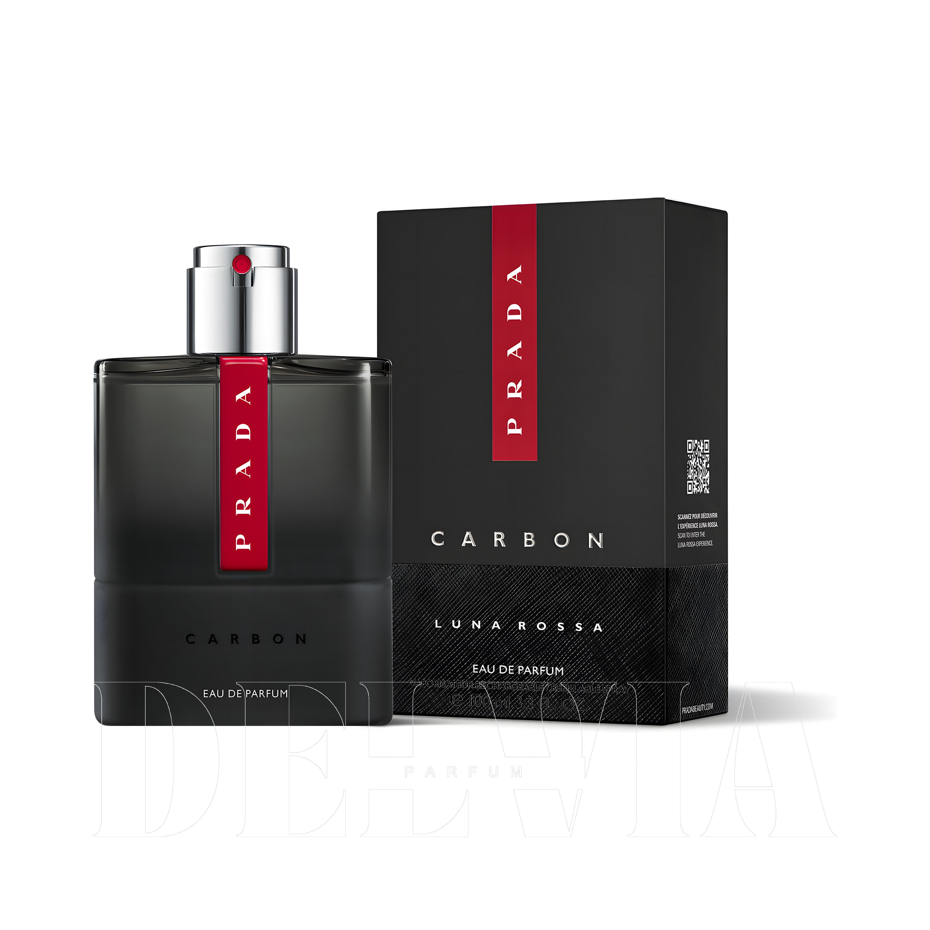Prada Luna Rossa Carbon 8 ml dekant parfüm — kutu ve şişe görseli