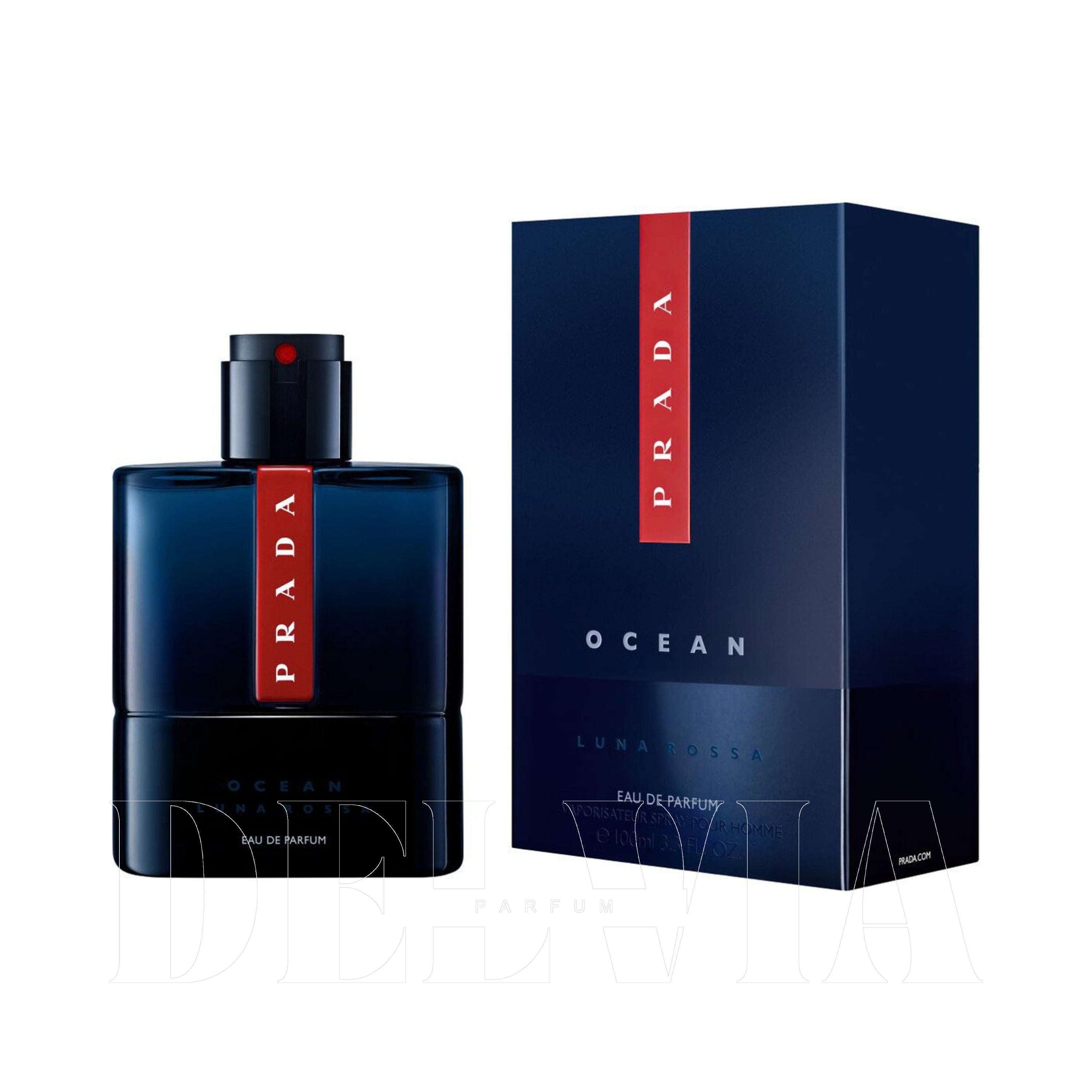 Prada Luna Rossa Ocean 3 ml dekant parfüm — kutu ve şişe görseli