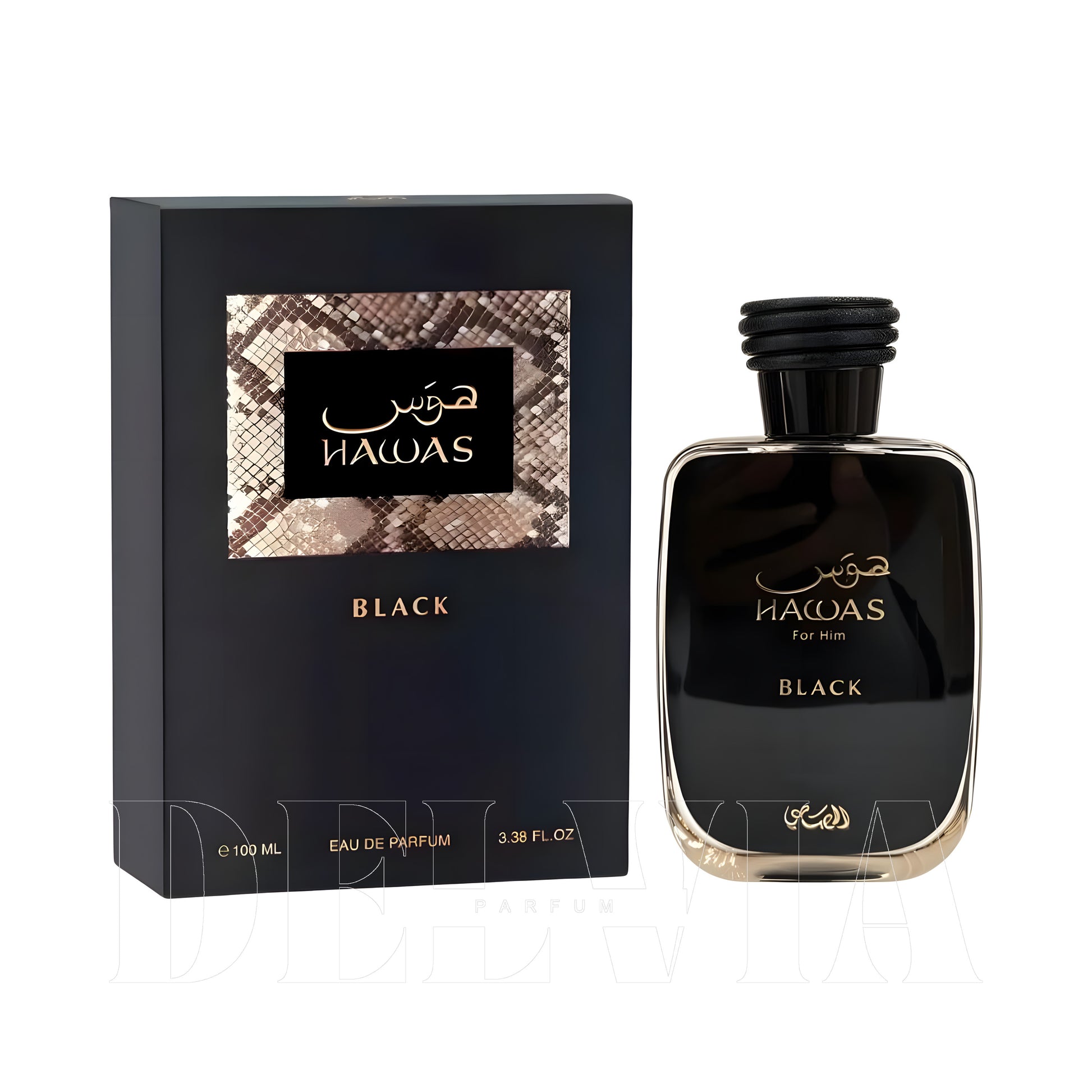 Rasasi Hawas Black 15 ml dekant parfüm — kutu ve şişe görseli