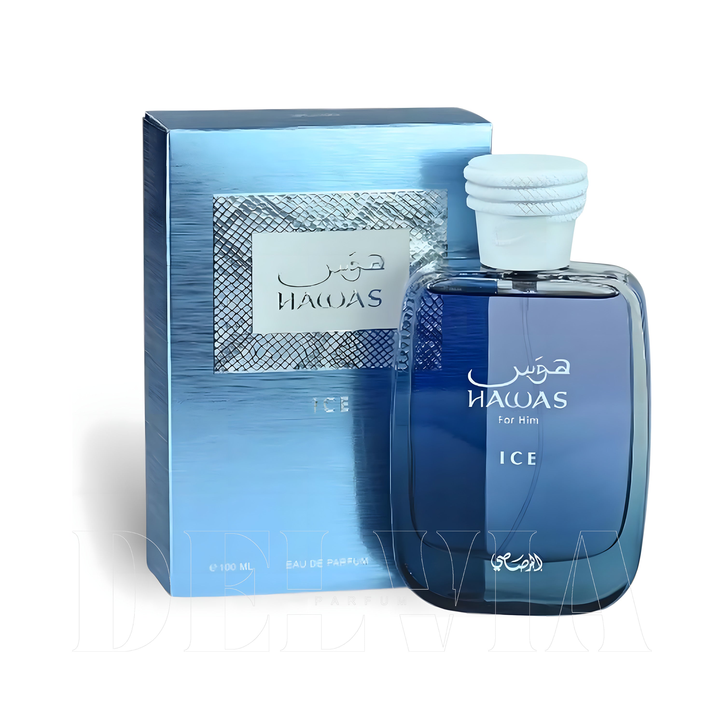 Rasasi Hawas Ice Tam Boy Parfum — kutu ve şişe görseli