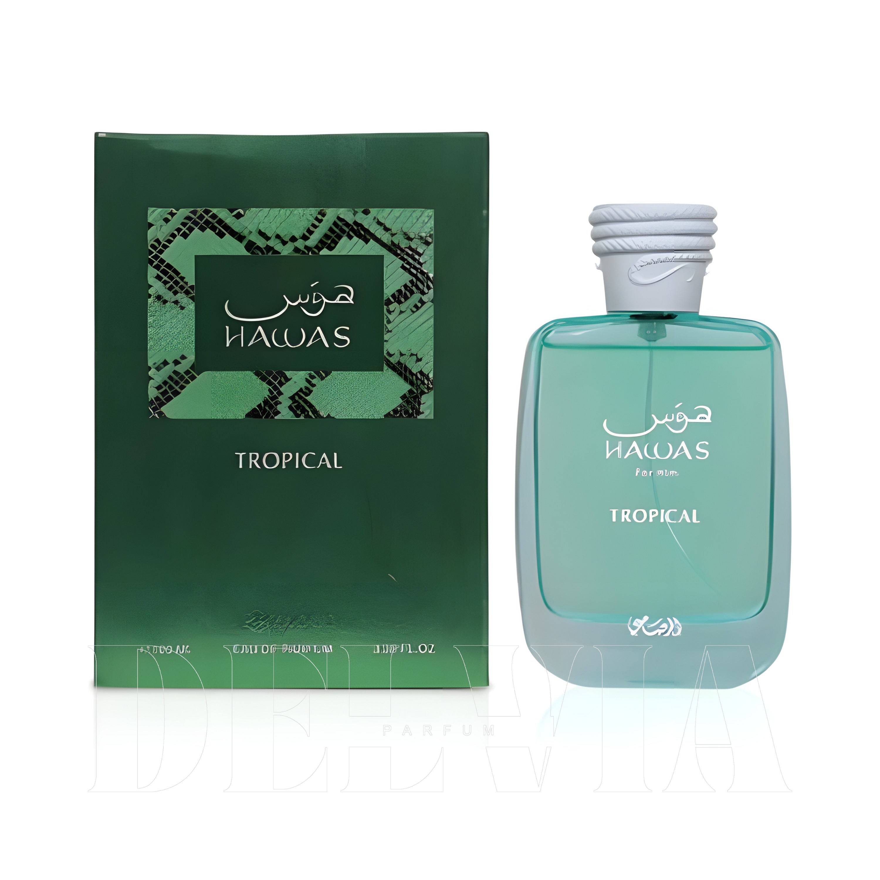 Rasasi Hawas Tropical 5 ml dekant parfüm — kutu ve şişe görseli