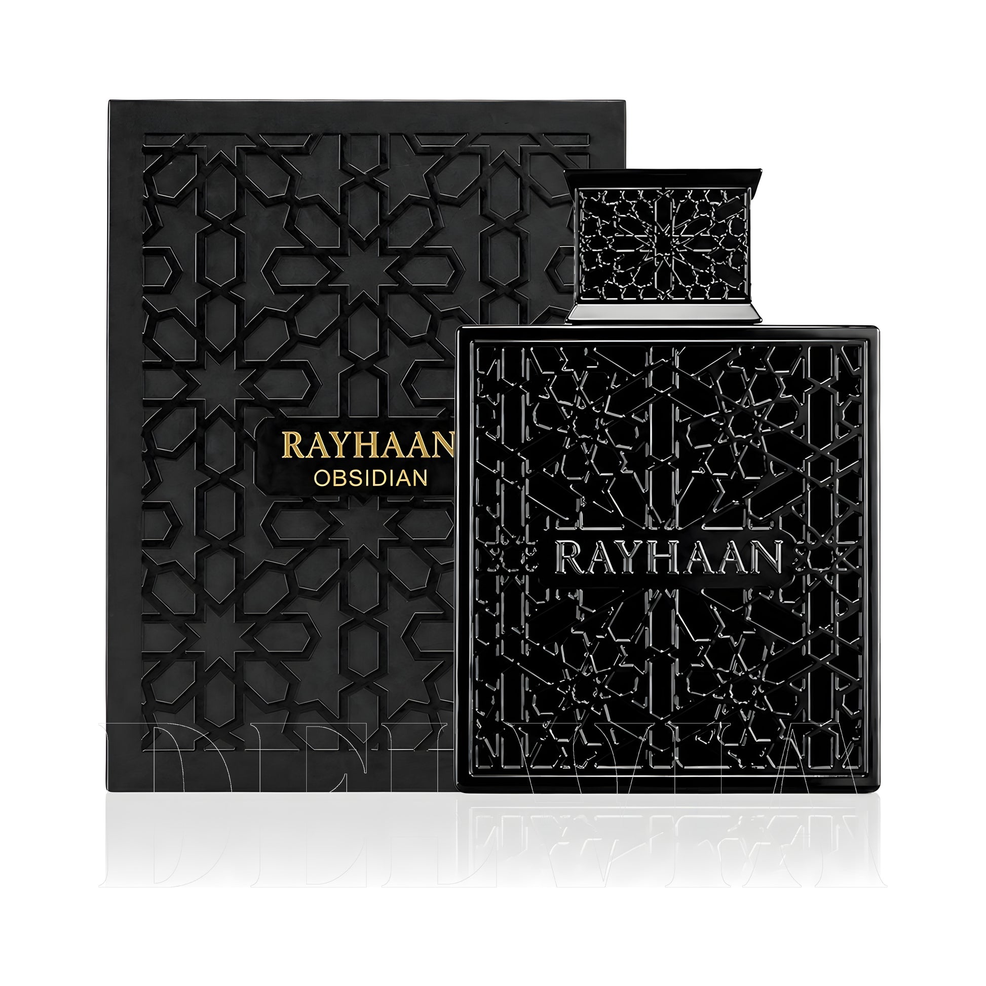 Rayhaan Obsidian 10 ml dekant parfüm — kutu ve şişe görseli