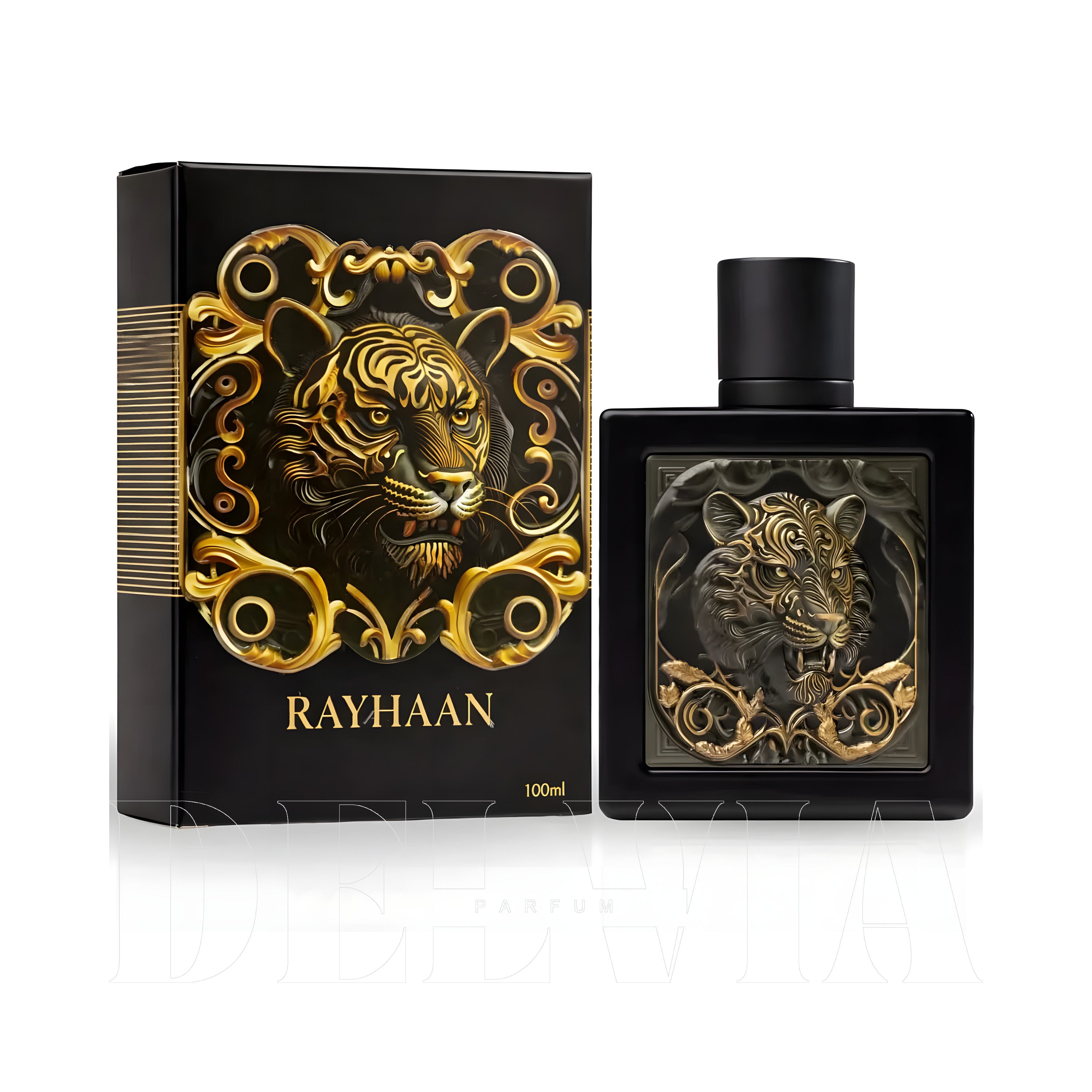 Rayhaan Tiger 1 ml dekant parfüm — kutu ve şişe görseli