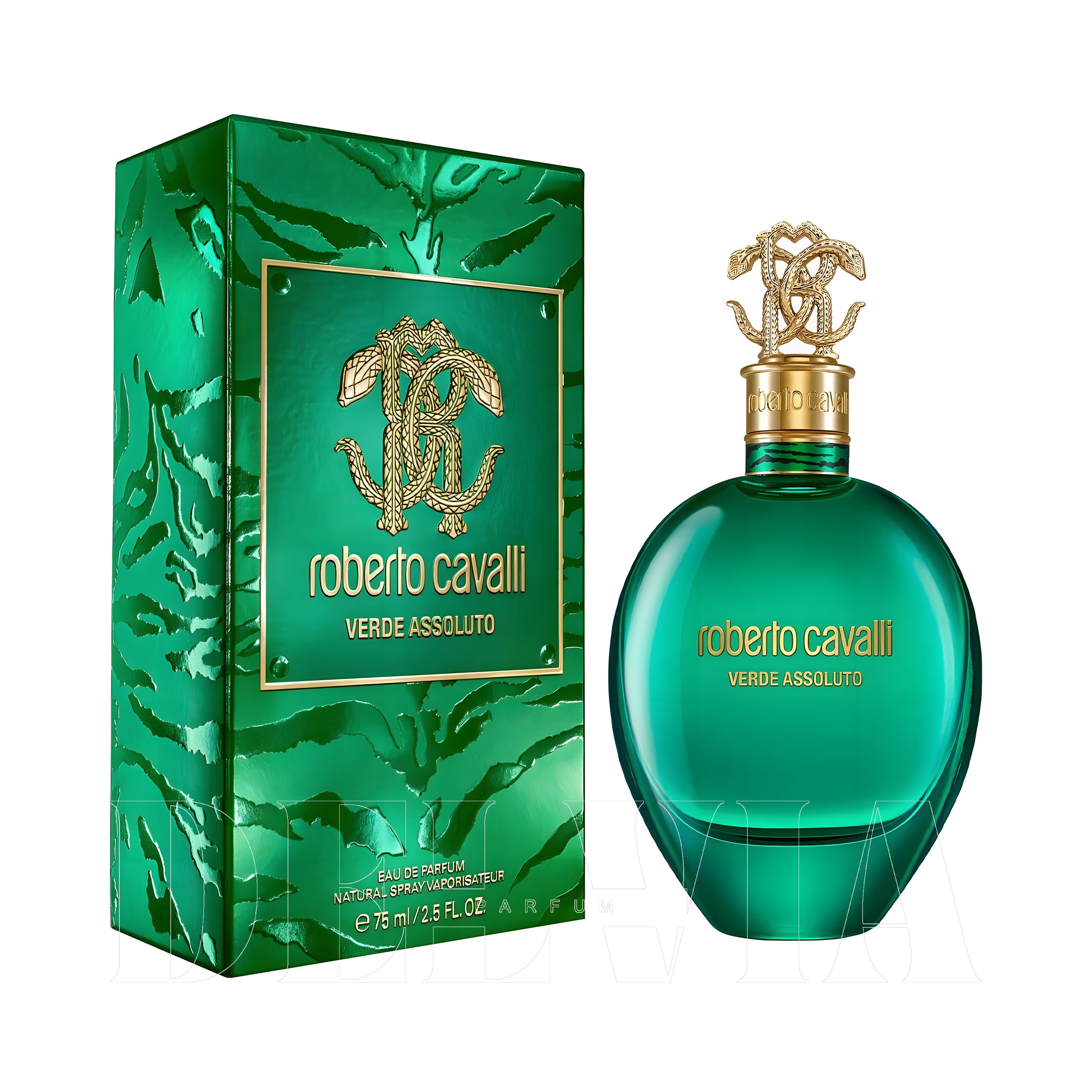 Roberto Cavalli Verde Assoluto 2 ml dekant parfüm — kutu ve şişe görseli